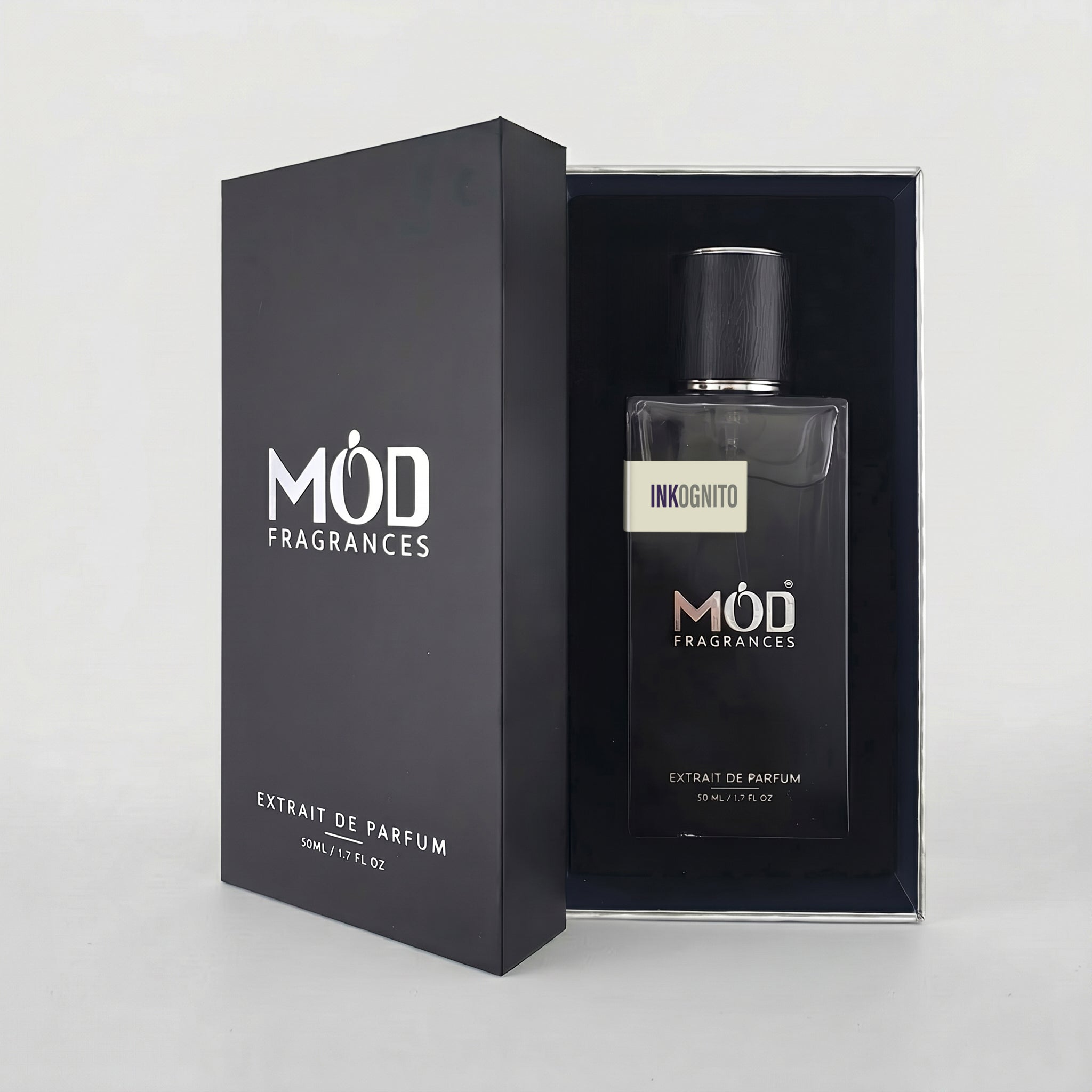 Inspired by Ink Mark Dupe Mod Fragrances perfume bottle and packaging on a light gray background