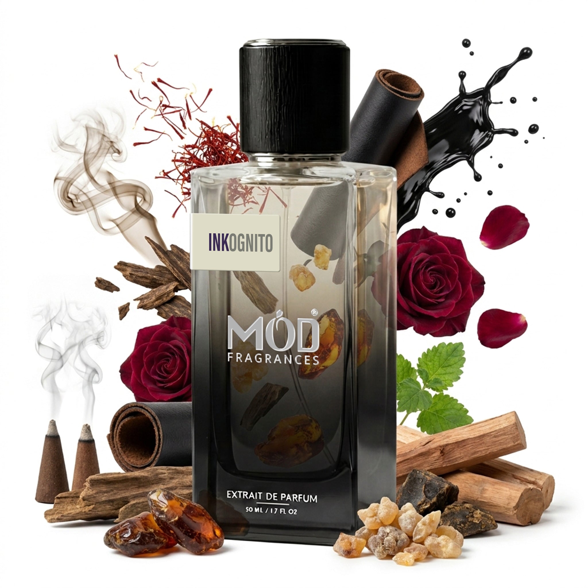 Inspired by Ink Mark Dupe Perfume bottle labeled 'Inkognito' by MOD Fragrances with floral, rose, agarwood oud, ink, saffron, incense, leather, dark amber, patchouli,  and spice elements on a white background