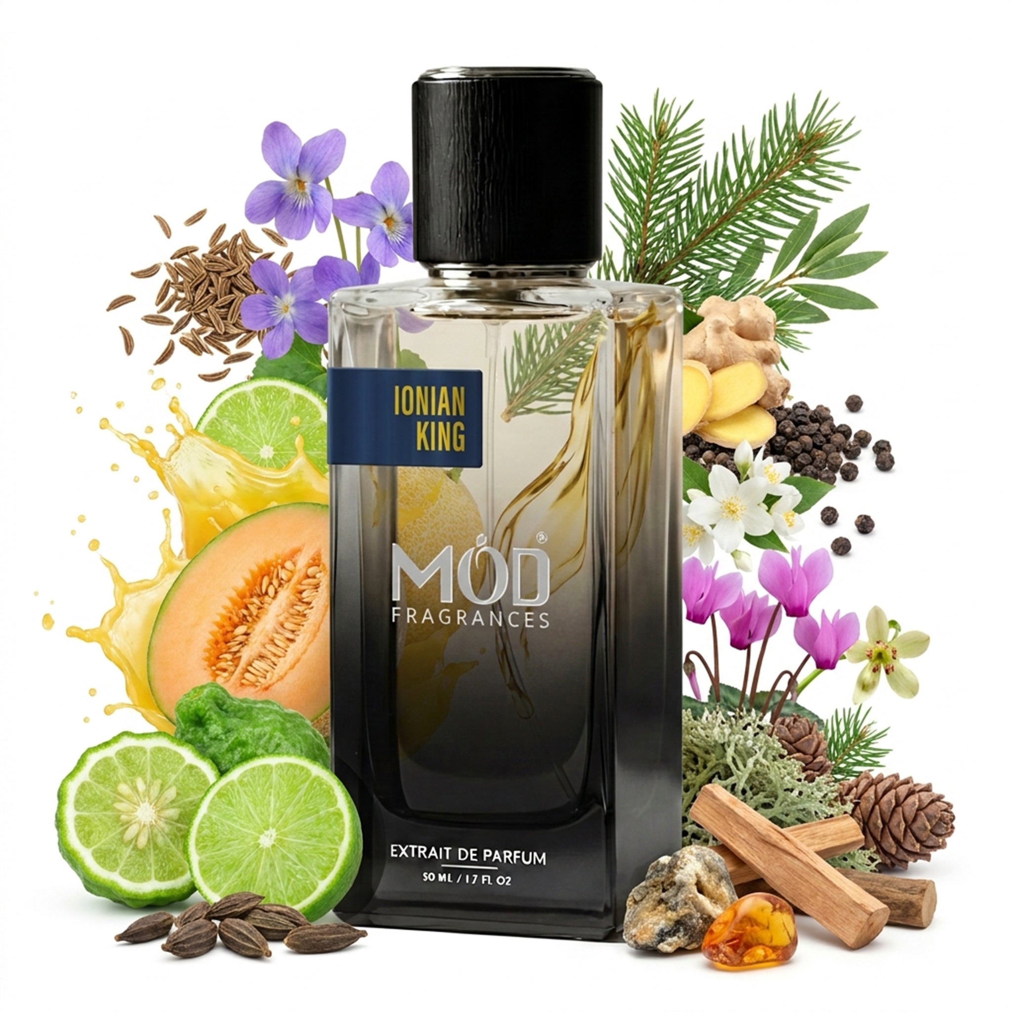 A glass perfume bottle by MOD Fragrances, labeled "Ionian King" is surrounded by a vibrant artistic arrangement of its fragrance ingredients, including Bergamot, Lime, Melon, Green Notes, Violet and Caraway, Pine Tree, Ginger, Pepper, Jasmine, Cyclamen, Nutmeg Flower and Herbal Notes, Ambergris, Musk, Sandalwood, Oakmoss and Cedar against a white background.