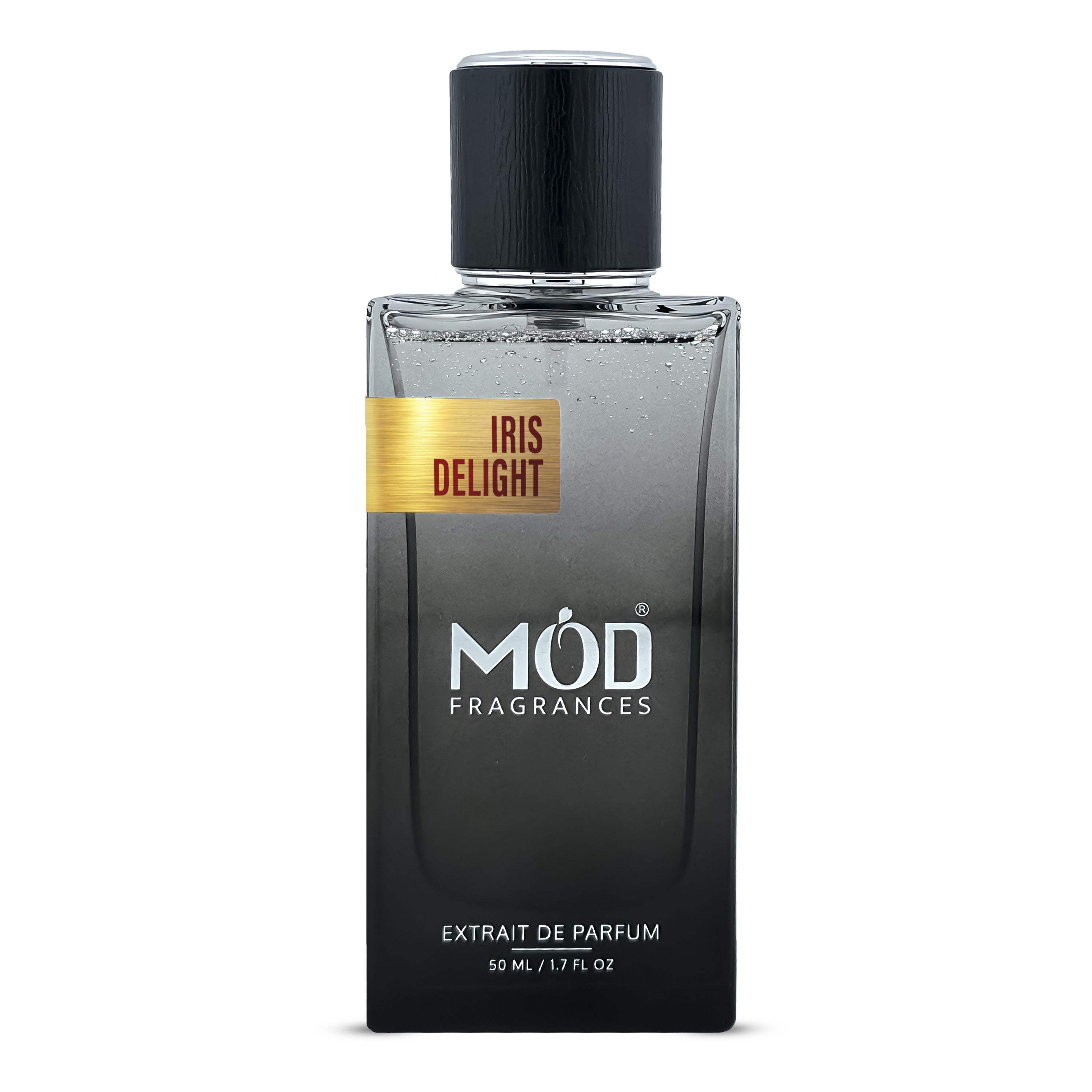 Inspired by La Vie est Belle L'Extrait. A 50ml bottle of MOD Fragrances Extrait de Parfum in the 'Iris Delight' scent. The bottle is a dark gradient from black at the bottom to gray at the top, featuring a gold label with red text and a black cap, set against a plain white background.