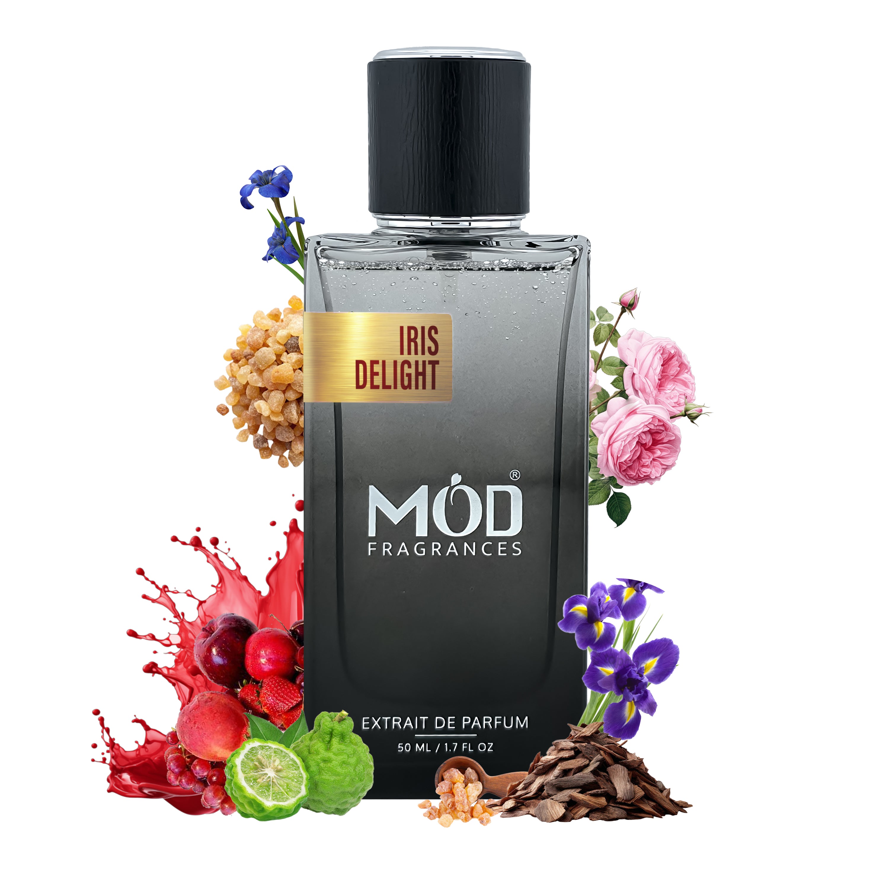 Inspired by La Vie est Belle L'Extrait. A bottle of MOD FRAGRANCES 'Iris Delight' extrait de parfum, presented on a white background with decorative botanical and fruit elements representing the scent notes.