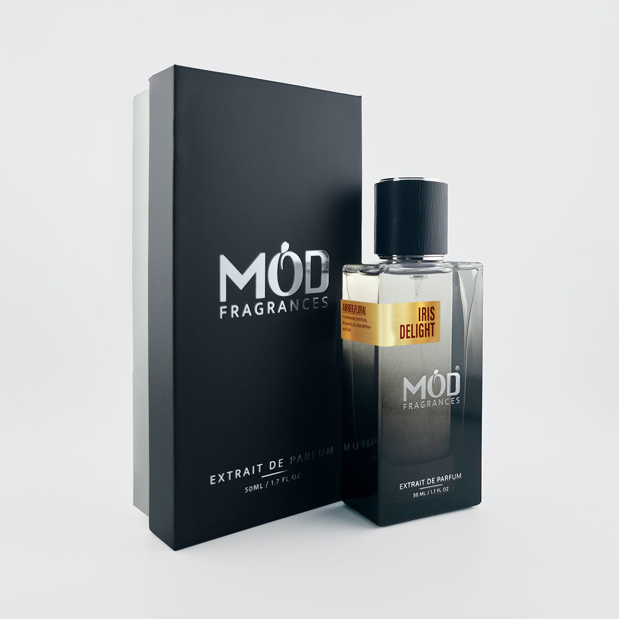 A bottle of MÓD Fragrances 'Cas Delight' extrait de parfum next to its black packaging box, set against a clean light gray background.
