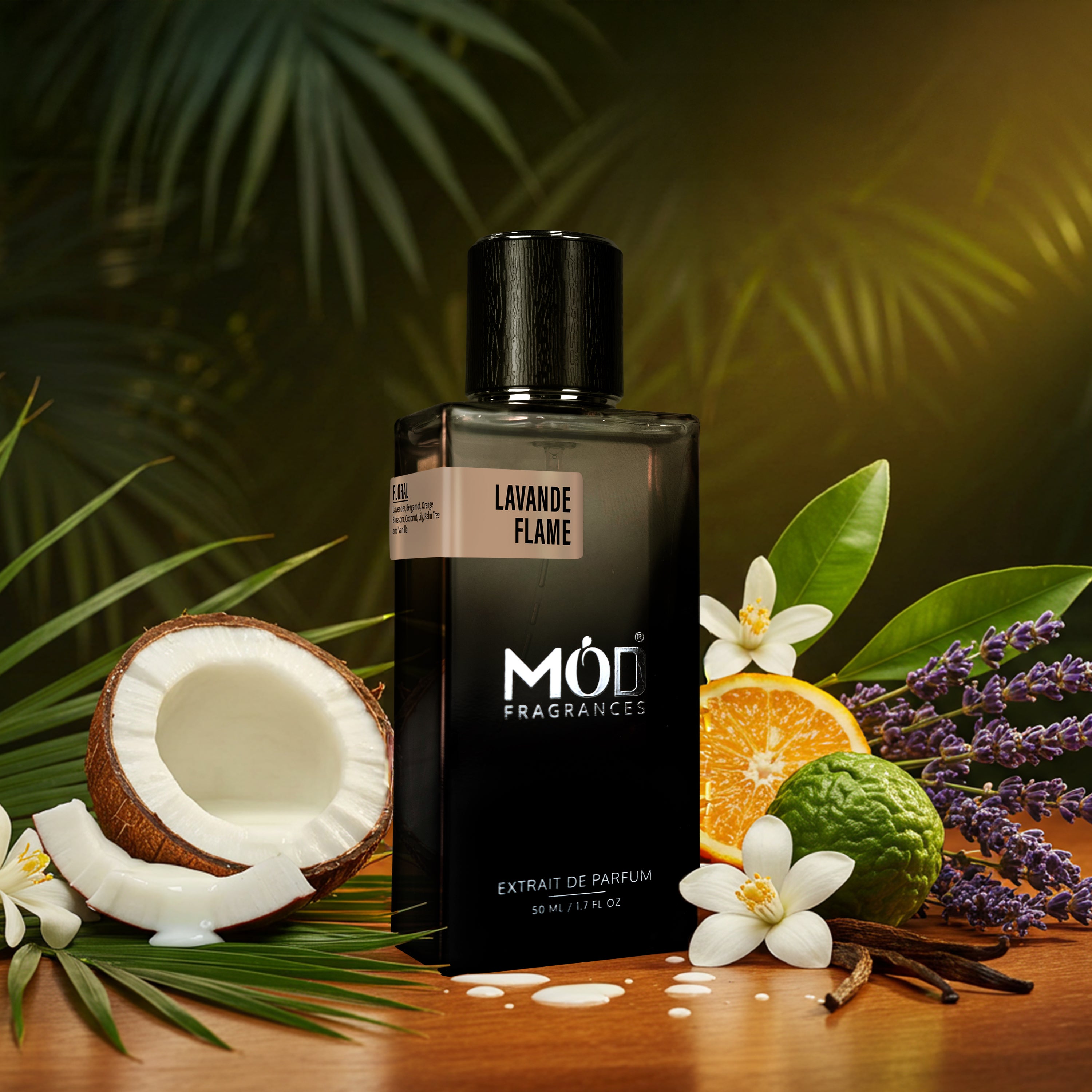 Black perfume bottle labeled 'Möd Fragrances' with botanical elements on a wooden surface.