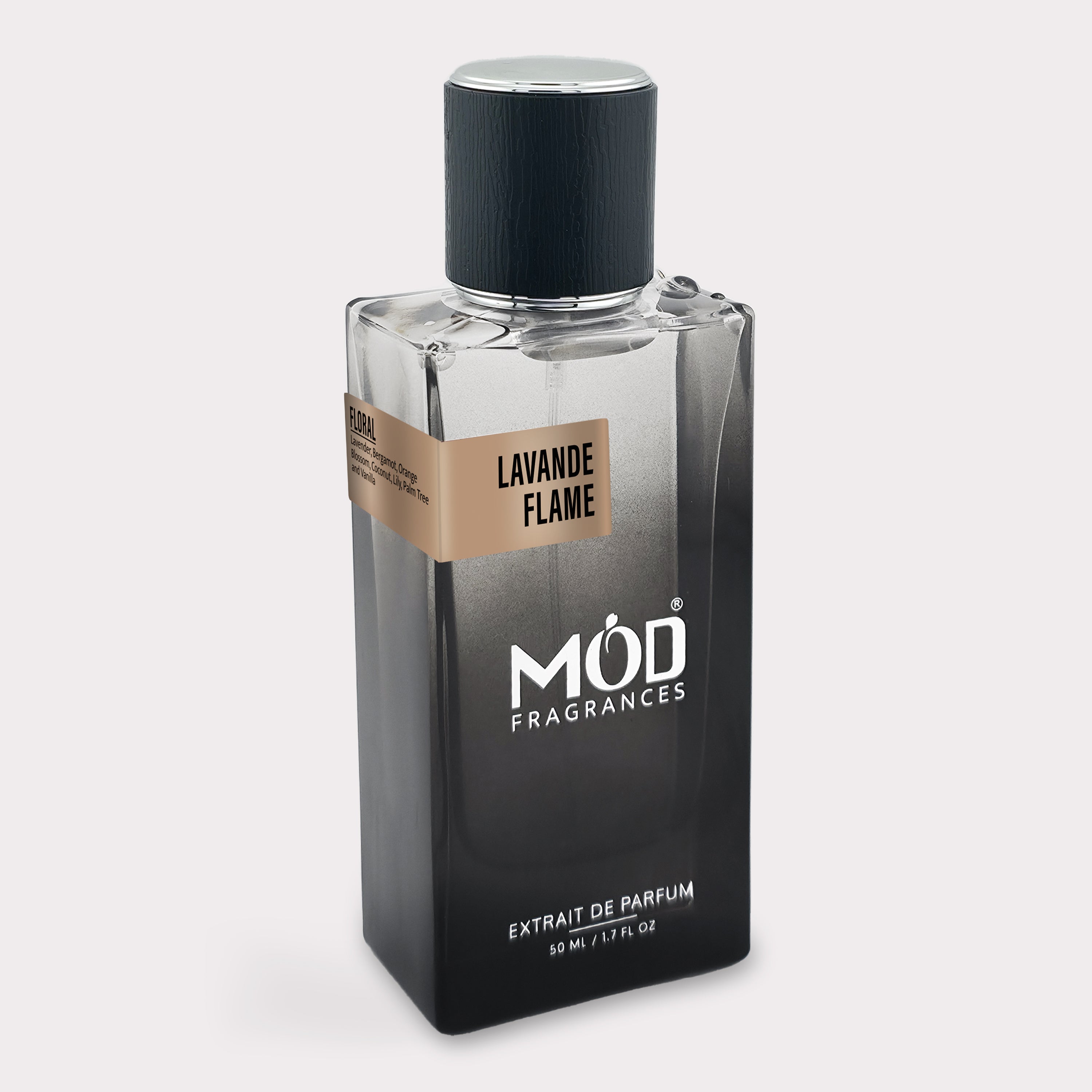 Perfume bottle labeled 'Lavande Flame' by MOD Fragrances on a white background