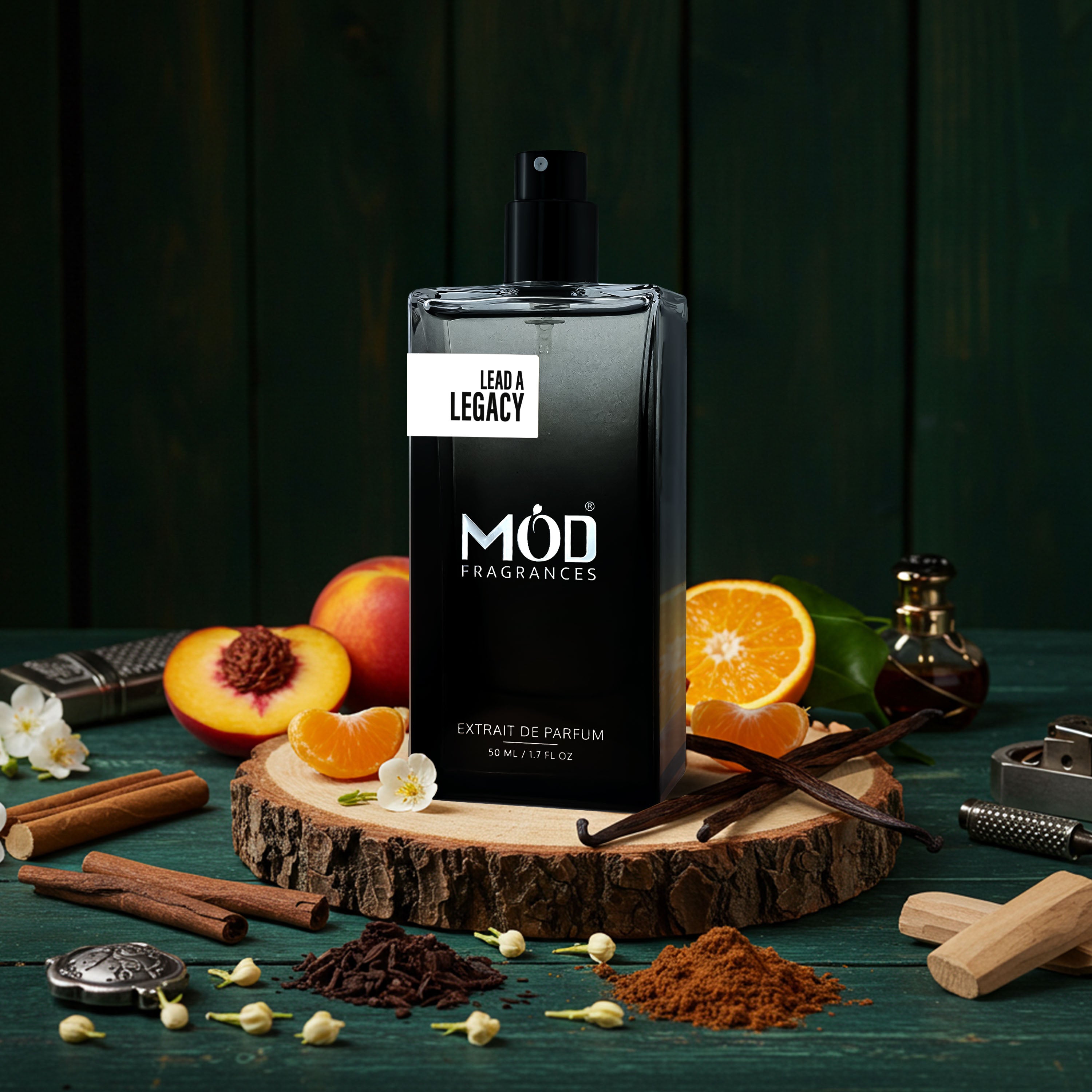 Möd Fragrances perfume bottle on a wooden platform with fruits and spices around Guilty for Men Inspired