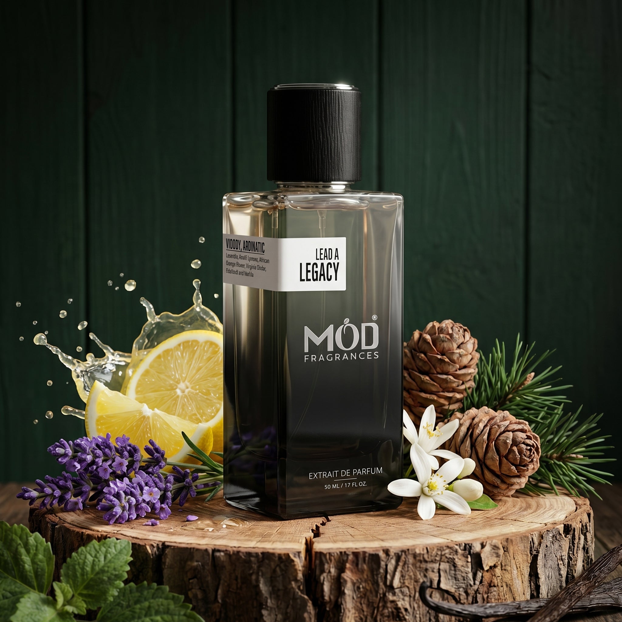A rectangular glass perfume bottle by MOD Fragrances, labeled "Lead A Legacy" is placed on wooden bark with green background in dim cinematic lighting and surrounded by various ingredients like citrus, Amalfi lemon, lavender, African orange flower, Virginia cedar, patchouli and vanilla