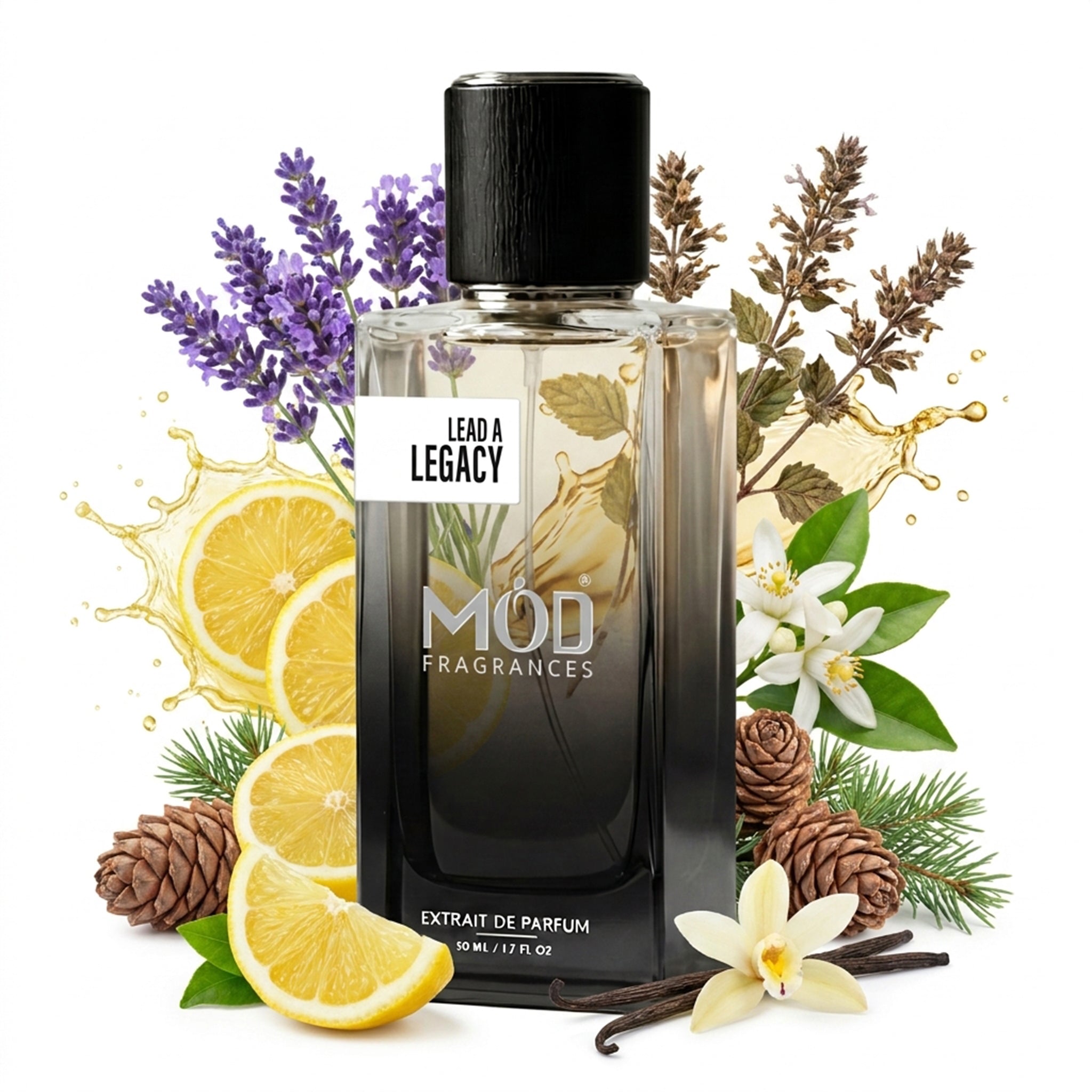 A glass perfume bottle by MOD Fragrances, labeled "Lead A Legacy" is surrounded by a vibrant artistic arrangement of its fragrance ingredients, including citrus, Amalfi lemon, lavender, African orange flower, Virginia cedar, patchouli and vanilla, against a white background.