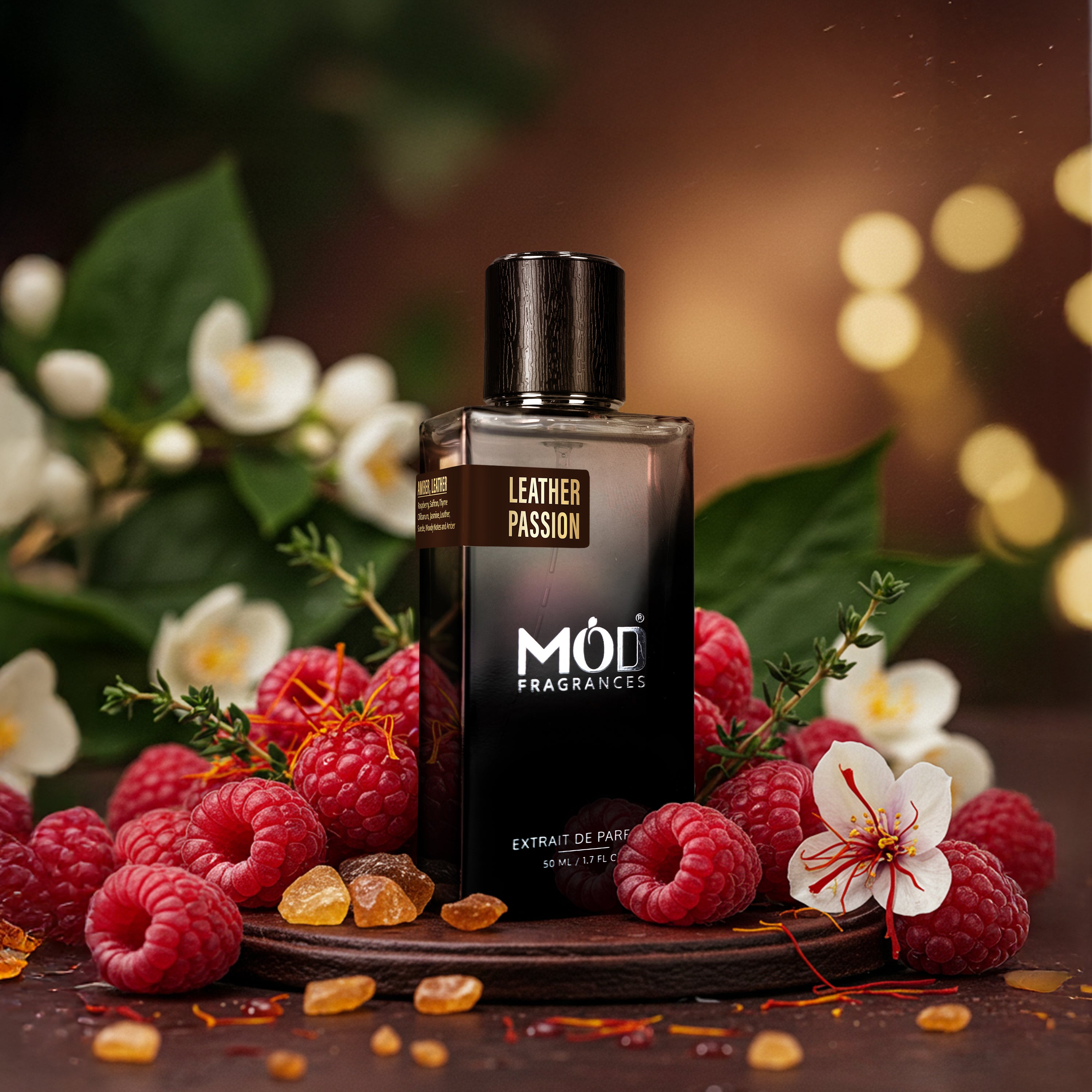 Perfume bottle labeled 'Leather Passion' by MOD Fragrances surrounded by raspberries and flowers on a dark background.