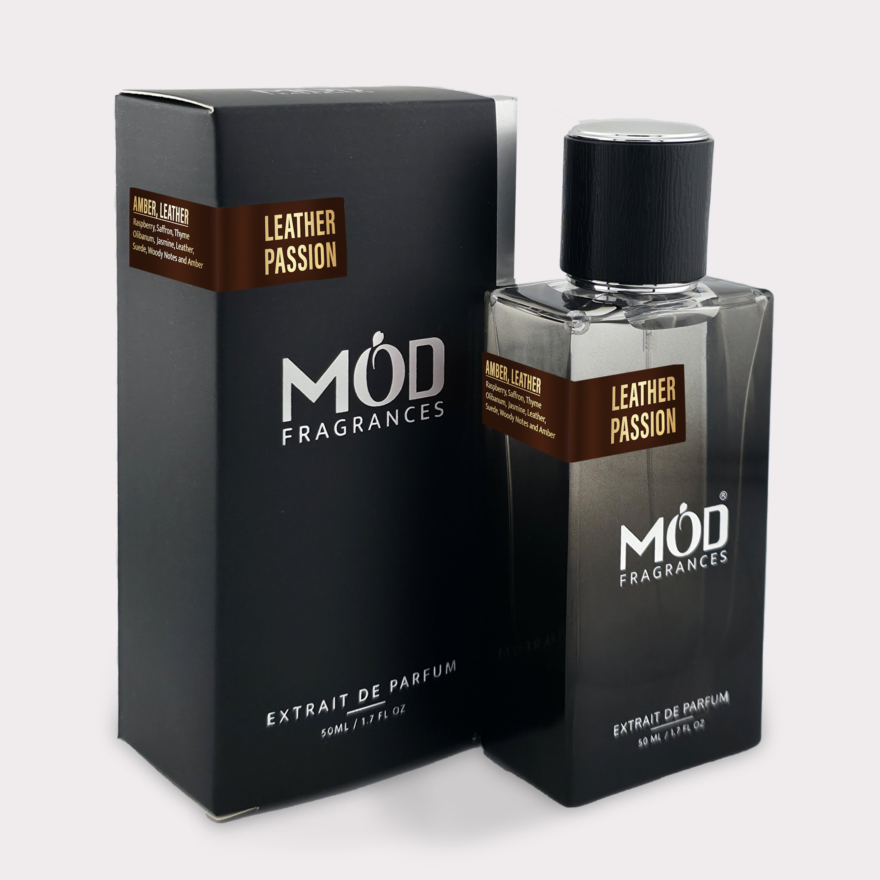 Möd Fragrances Leather Passion perfume bottle and packaging on a white background