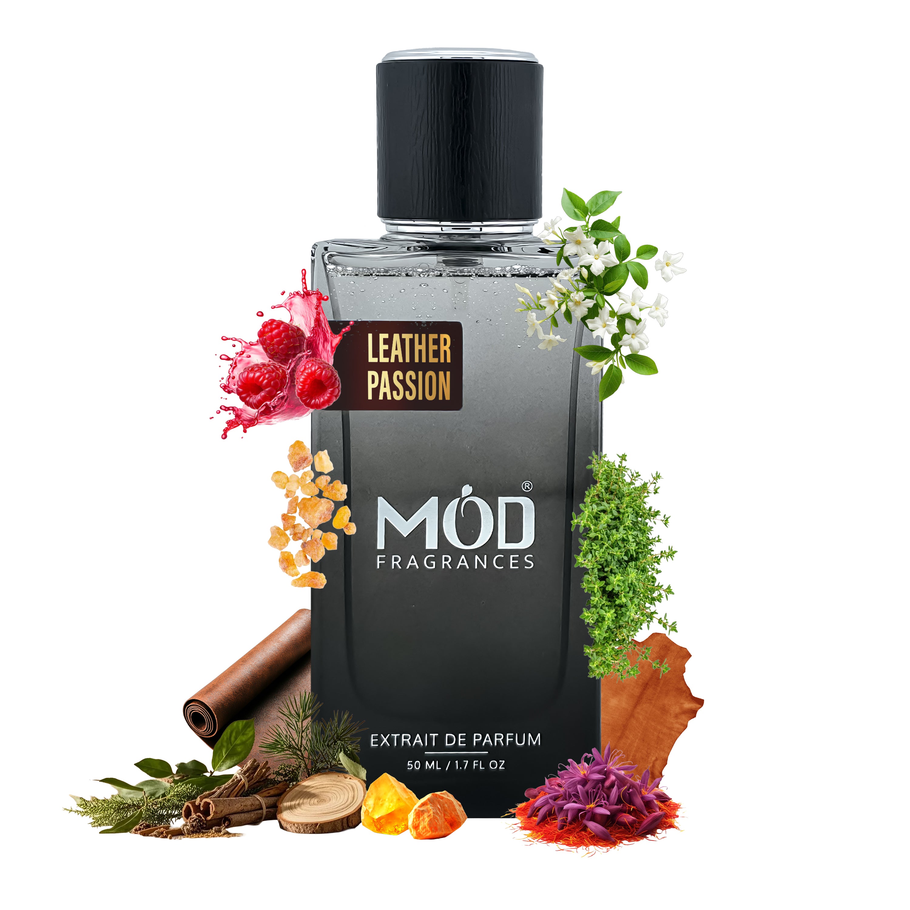Perfume bottle labeled 'Leather Passion' by Möd Fragrances with decorative elements on a white background