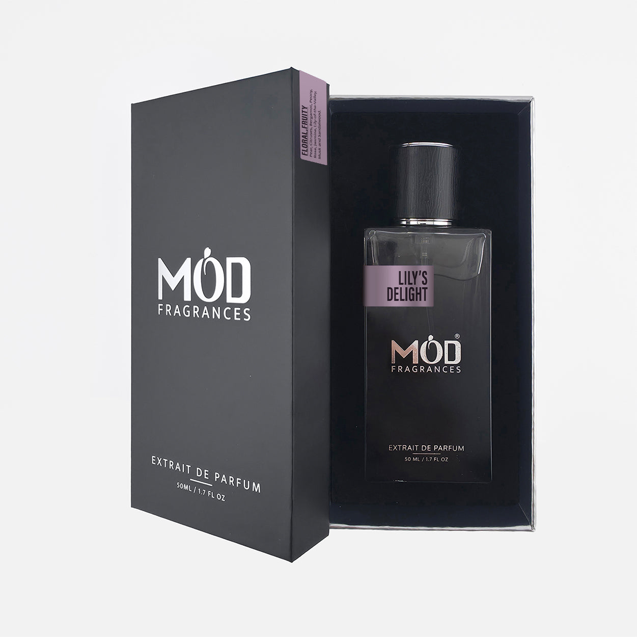 MOD Fragrances Lily's Delight Extract de Parfum set, featuring a black rectangular box and a matching dark glass perfume bottle with a purple label, displayed on a light gray background.