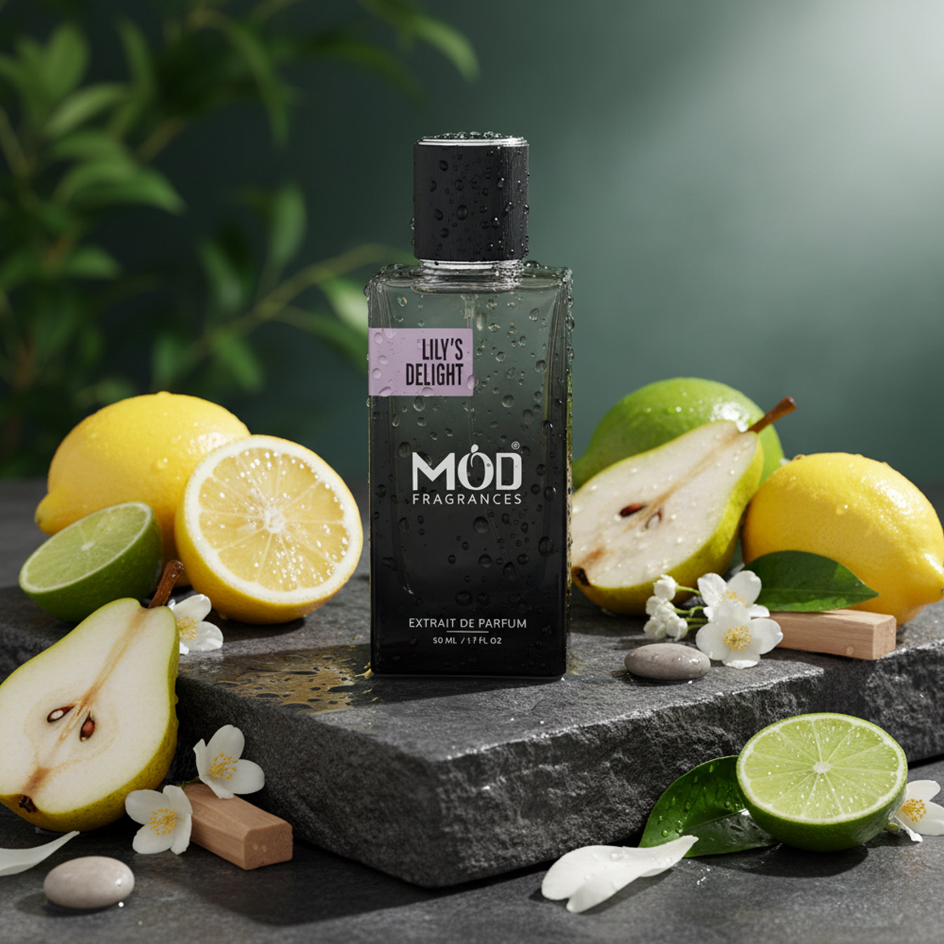 A bottle of MOD Fragrances 'Lily's Delight' extrait de parfum stands on a dark stone slab, surrounded by fresh lemons, pears, limes, and white flowers against a dark green background.