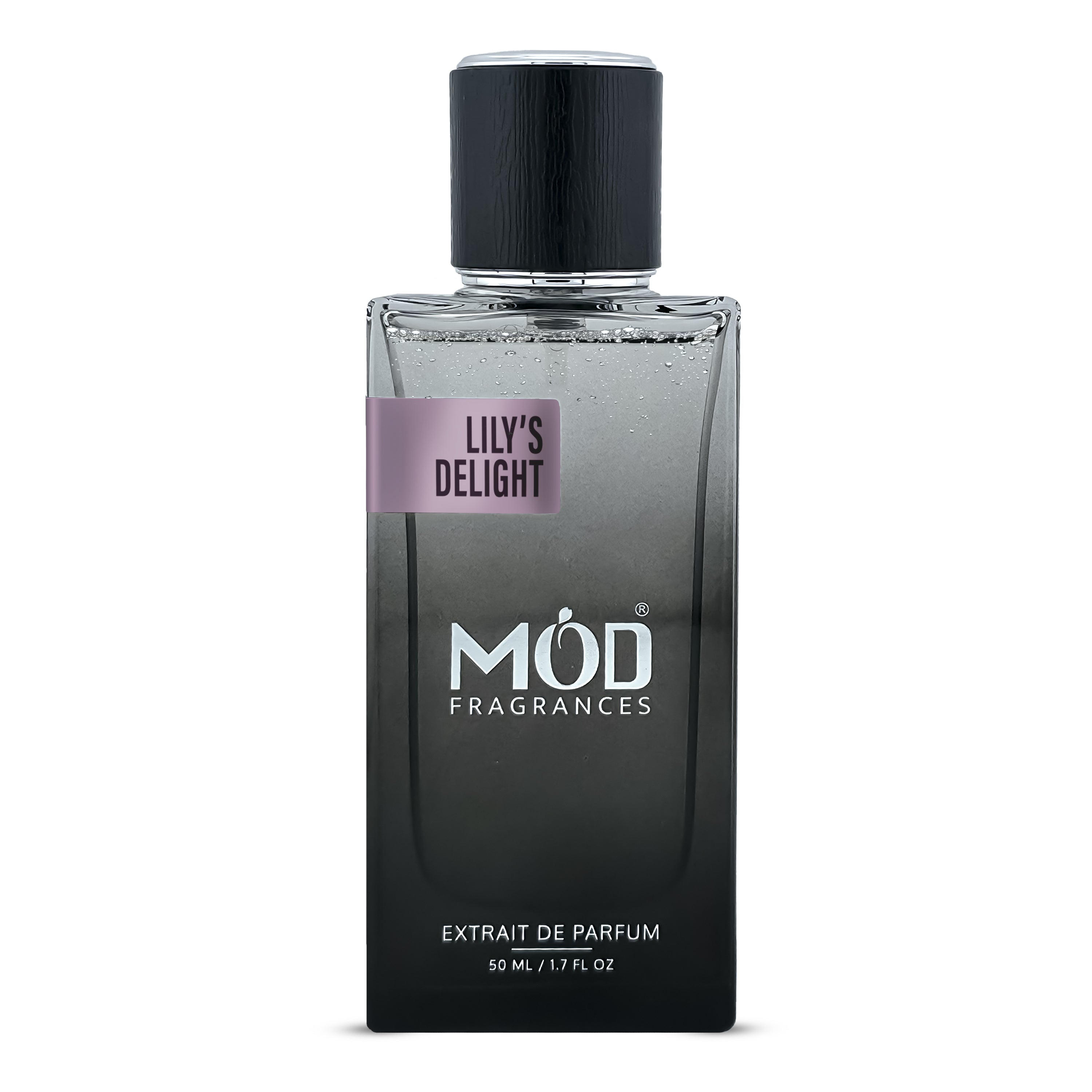 A 50ml bottle of MOD Fragrances Extrait de Parfum, named Lily's Delight, featuring a black-to-clear gradient design and a black cap, set against a plain white background.