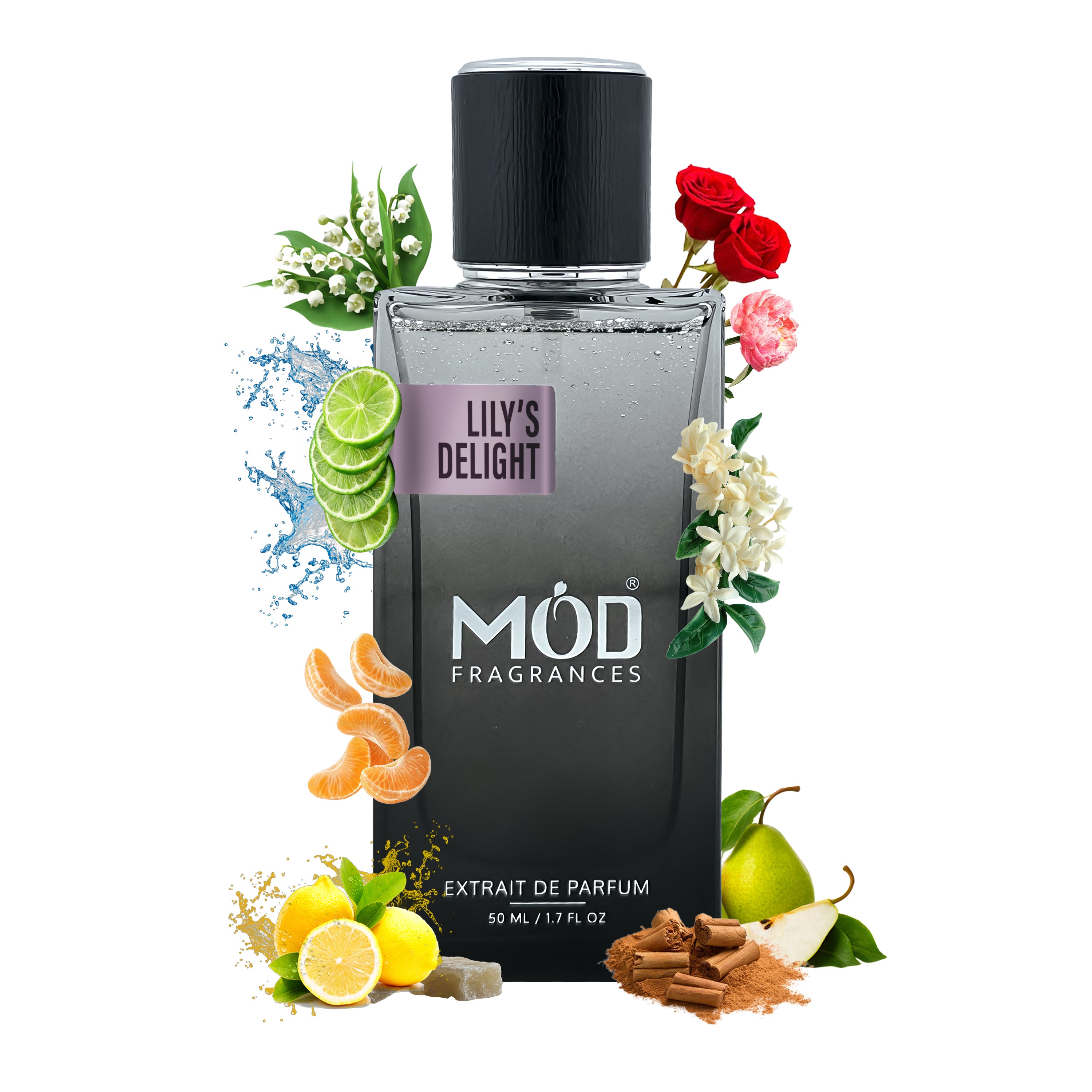 A bottle of MOD FRAGRANCES 'Lily's Delight' Extrait de Parfum, styled with illustrations of its scent notes including limes, roses, lemons, pears, and cinnamon on a white background.
