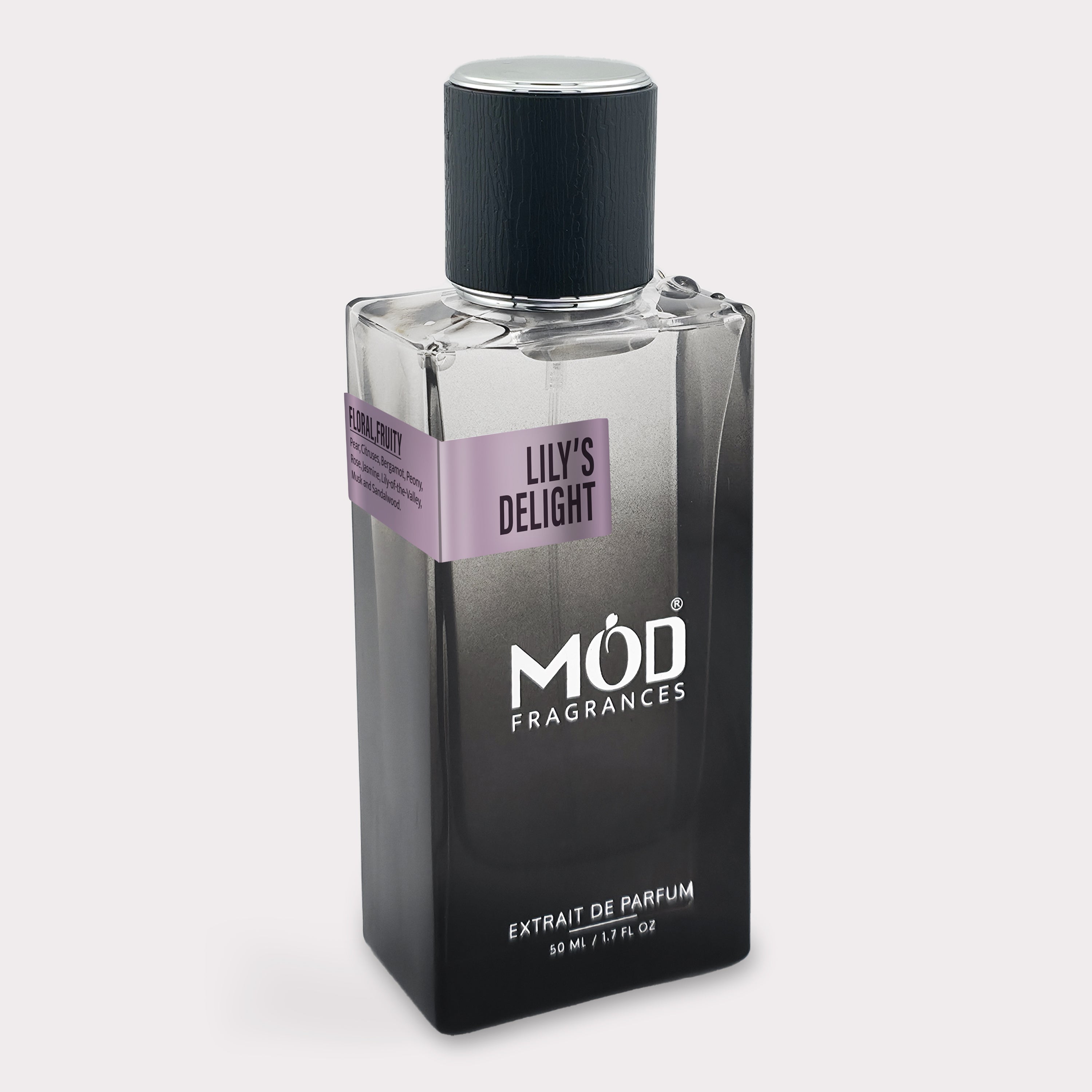 A bottle of MOD FRAGRANCES 'Lily's Delight' extrait de parfum, 50 ml, featuring a black and silver gradient rectangular bottle with a black cap and a lavender label.