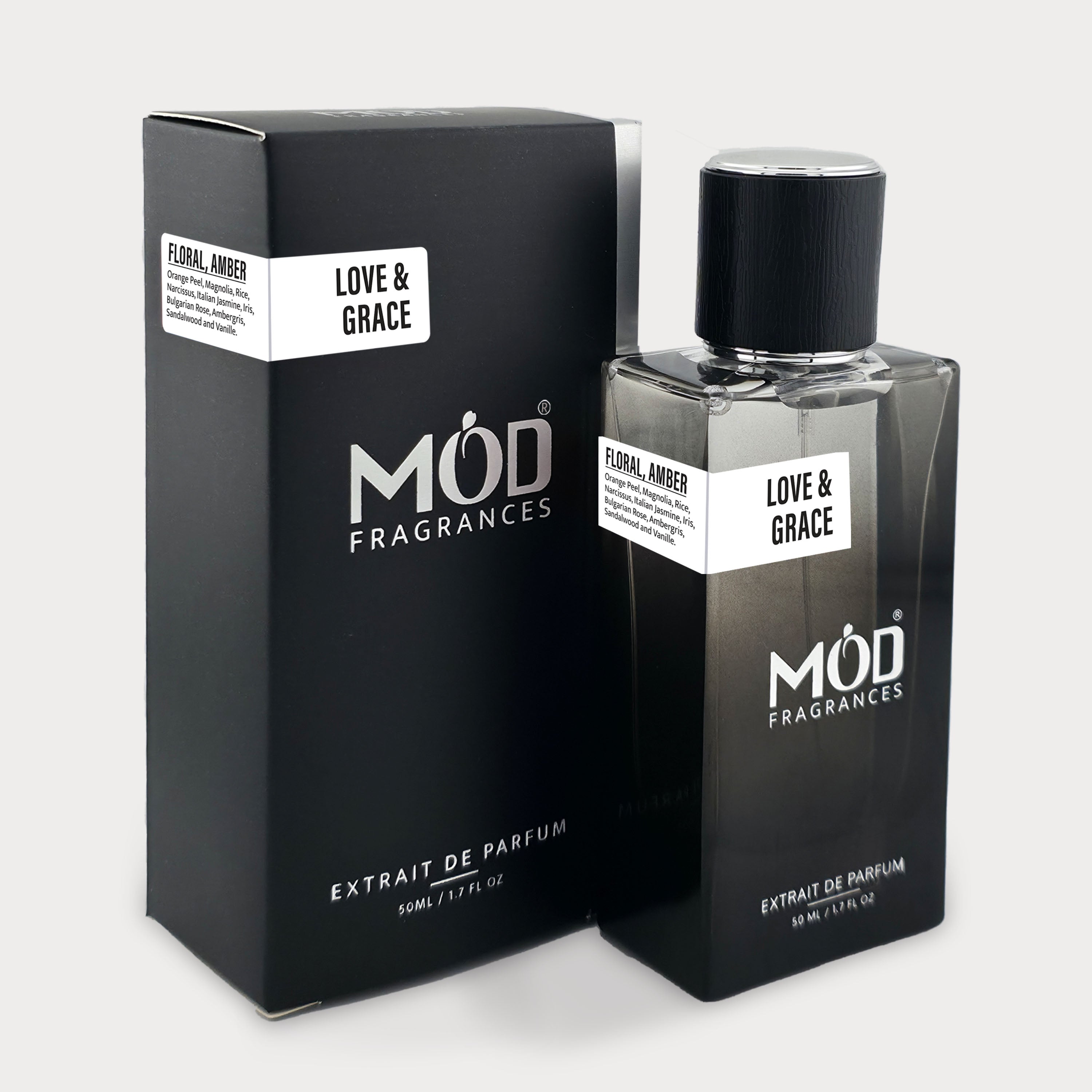 Möd Fragrances 'Love & Grace' perfume bottle and packaging on a white background
