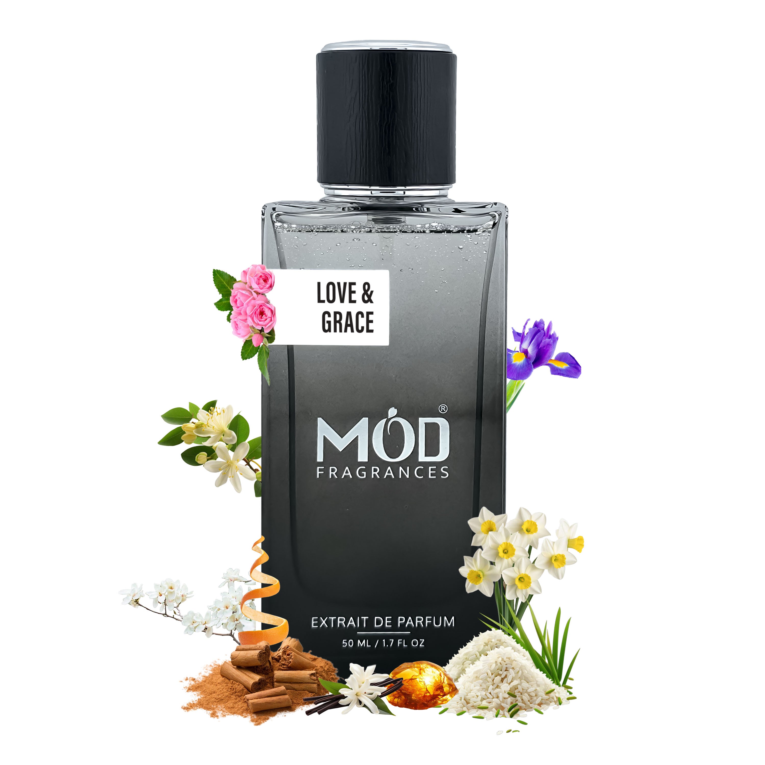 Creed Love in White Dupe  Perfume bottle labeled 'Love & Grace' by Möd Fragrances with floral and spice elements on a white background
