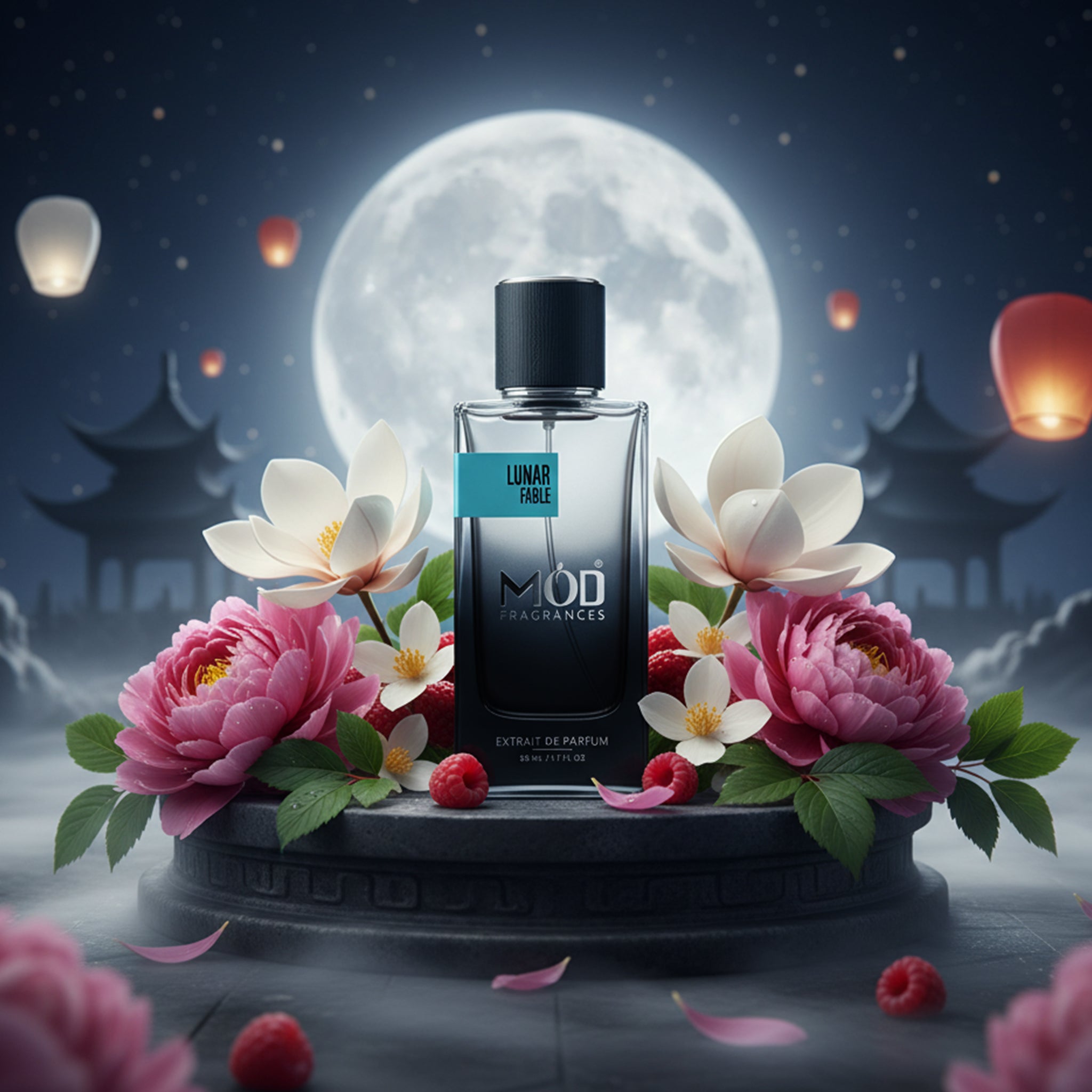 Perfume bottle with flowers and moonlit background