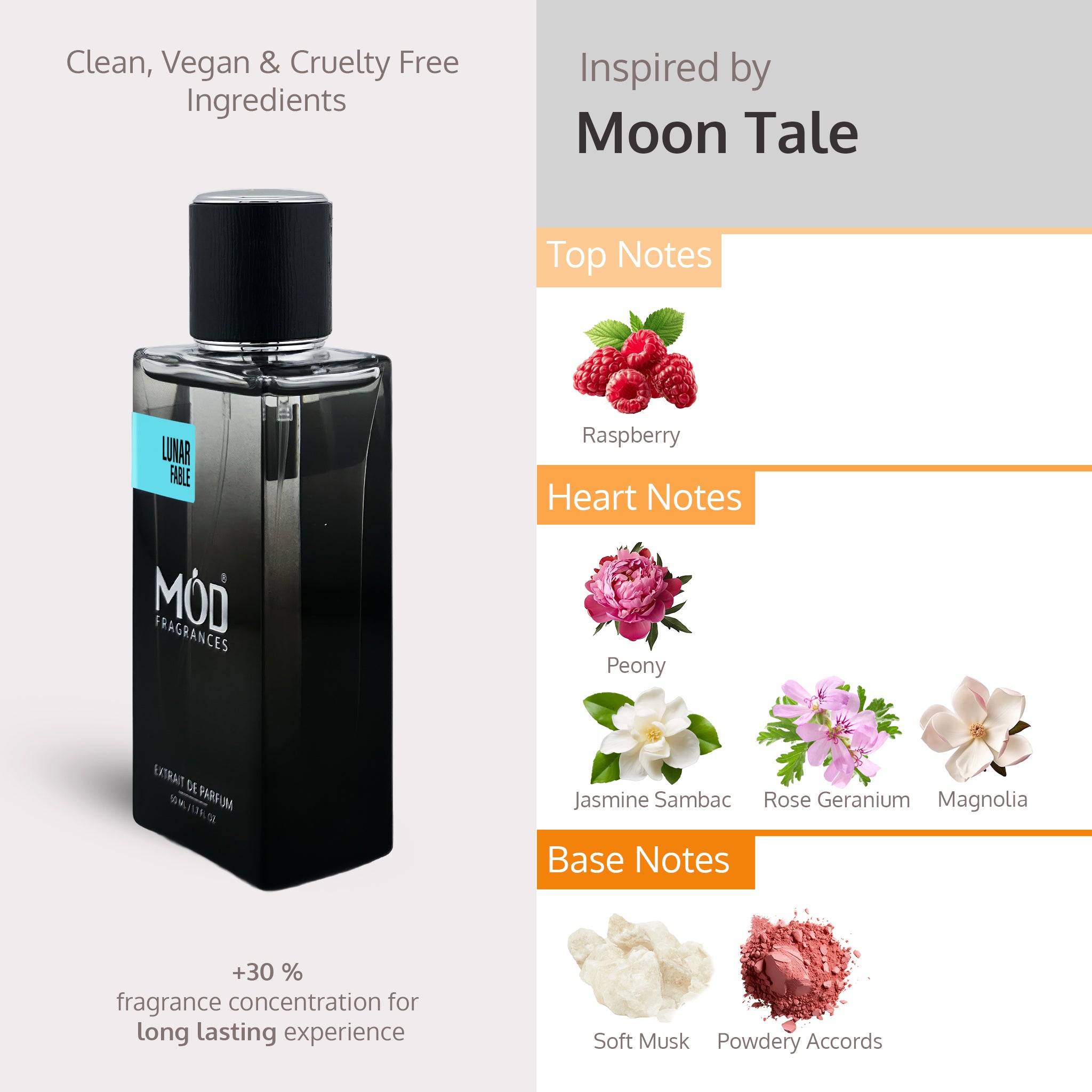 Black perfume bottle with 'MOD' branding on a gray background, featuring fragrance notes and ingredients.