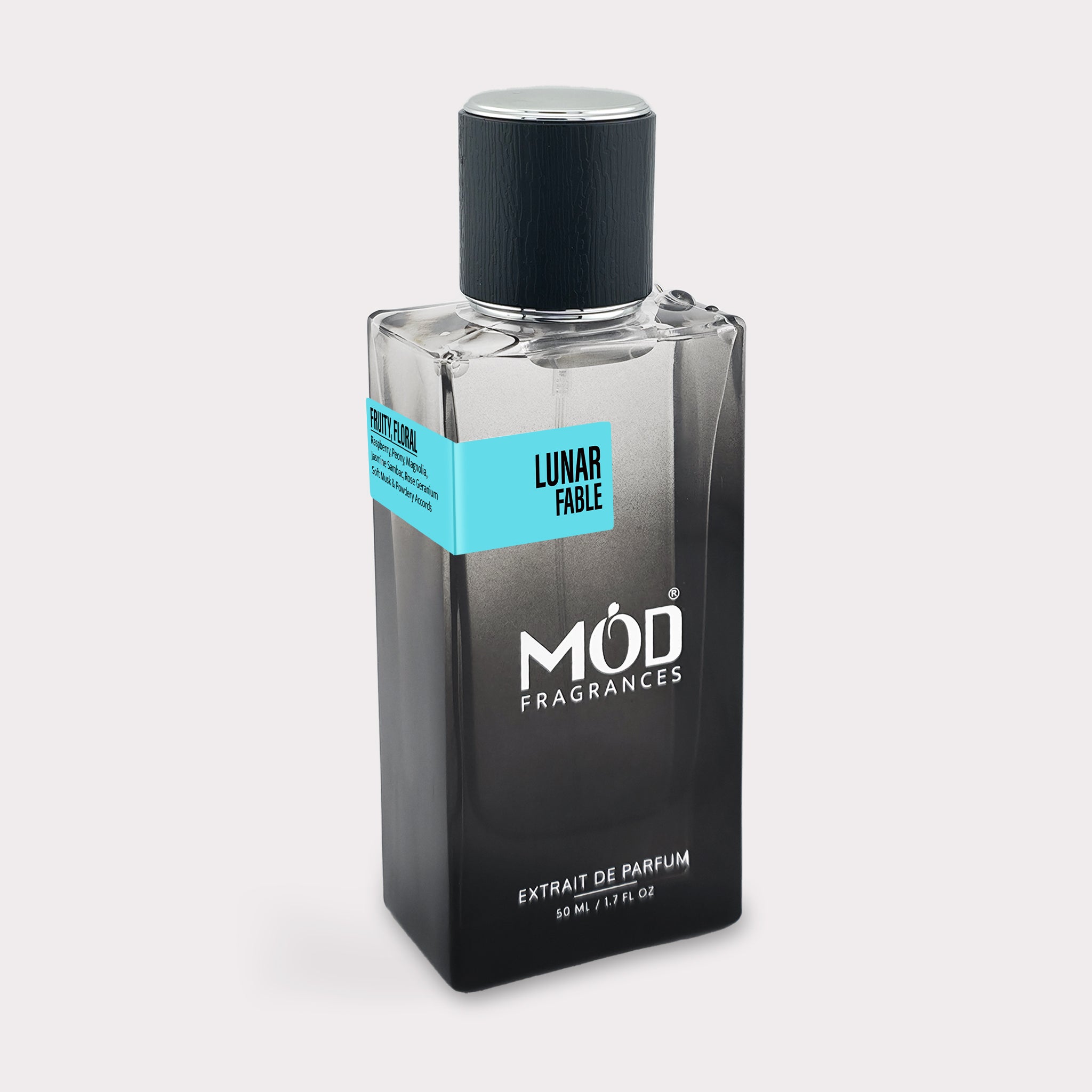 Perfume bottle labeled 'Lunar Fable' by 'MOD Fragrances' on a light gray background