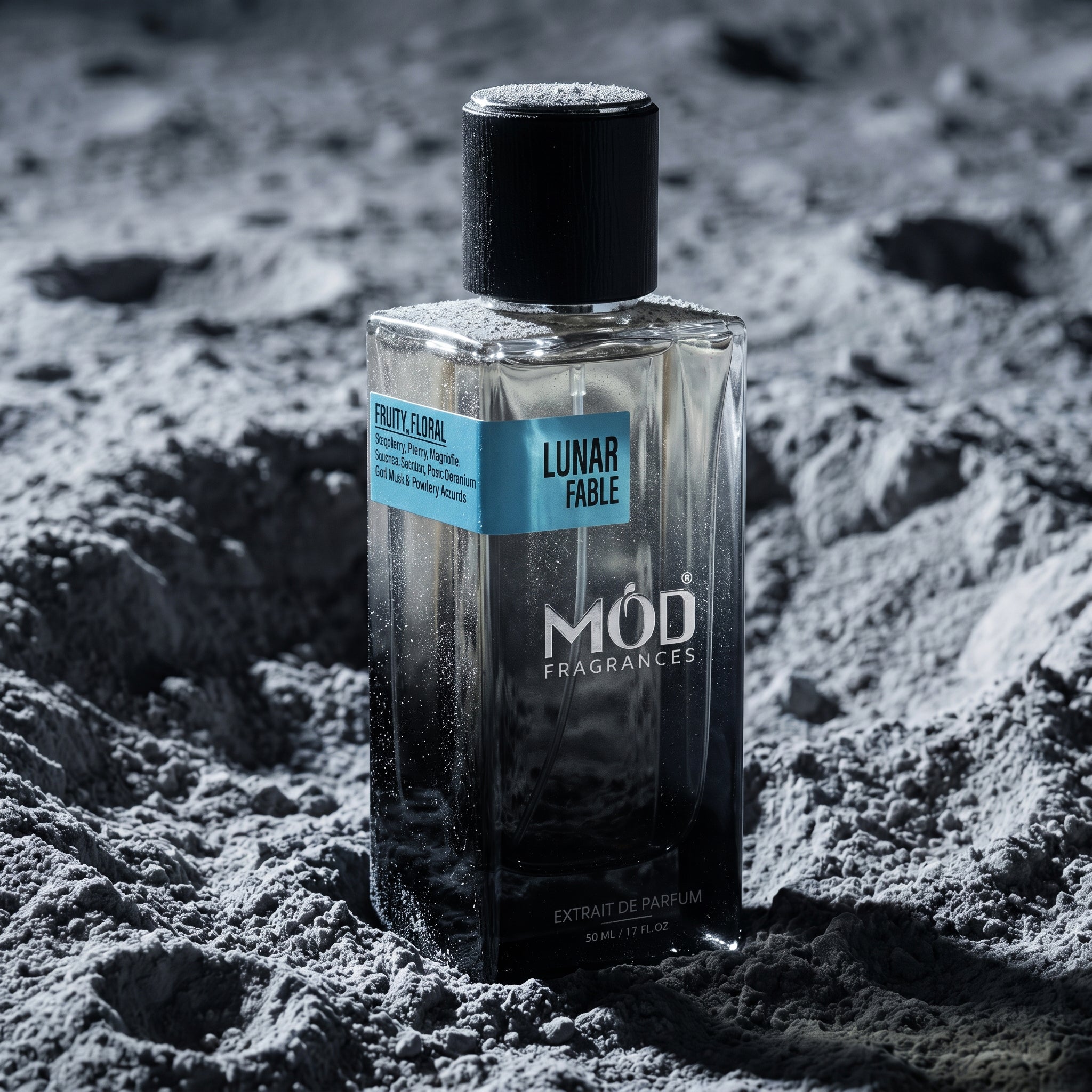 MOD Fragrances 50ml perfume bottle "Lunar Fable" floral fruity fragrance for unisex, inspired by Moon Tale, on white moon surface with moon dust and moon craters