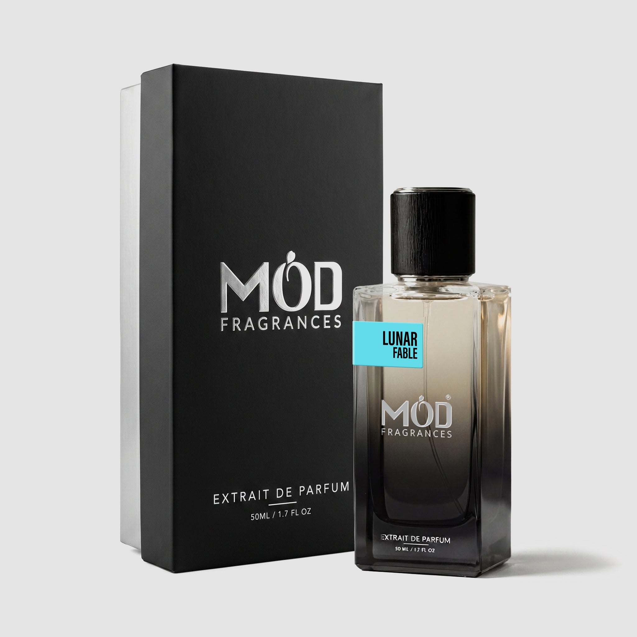 MOD Fragrances 50ml perfume bottle and box of "Lunar Fable" floral fruity fragrance for unisex, inspired by Moon Tale, on white background.