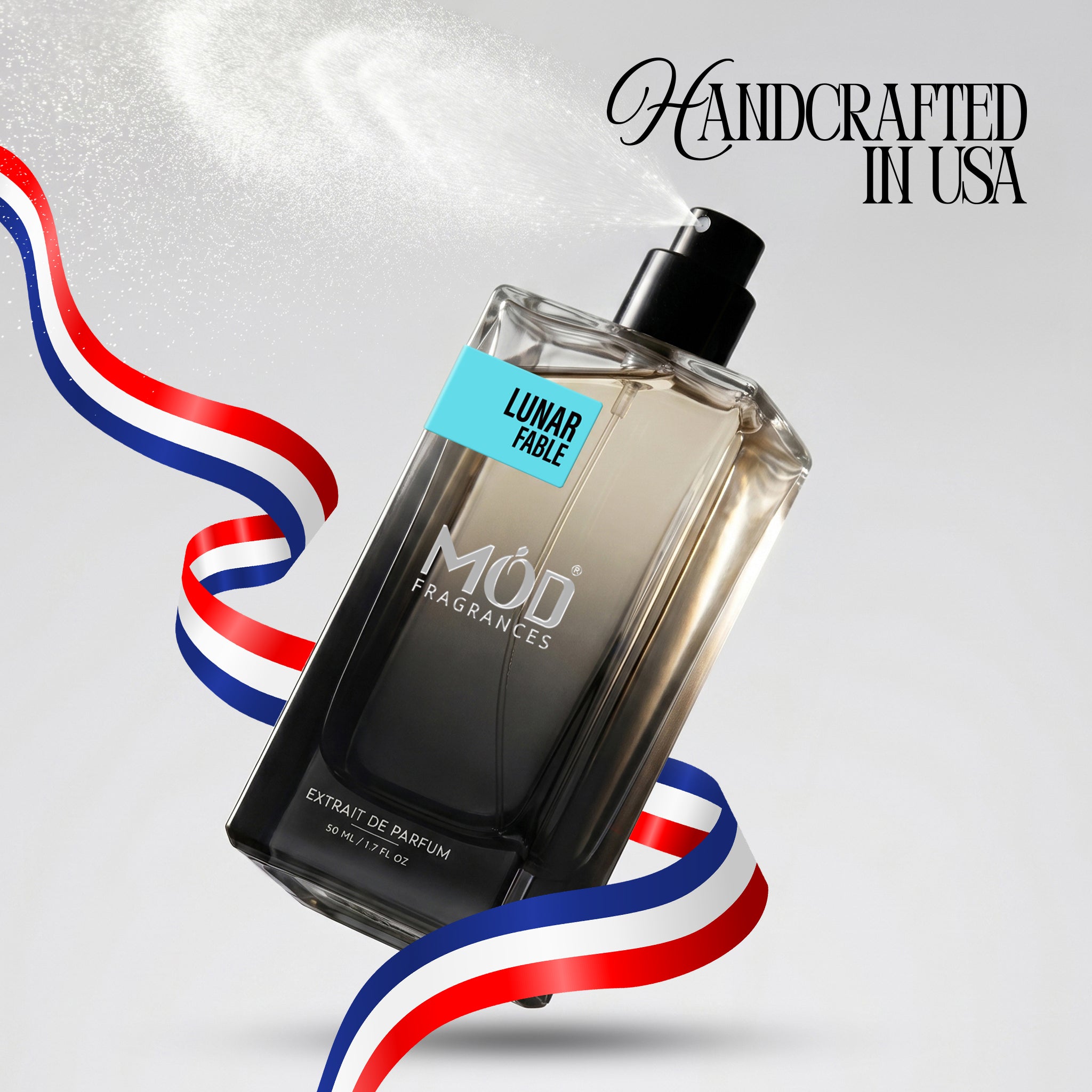 MOD Fragrances 50ml perfume bottle "Lunar Fable" floral fruity fragrance for unisex, inspired by Moon Tale, on white background. handcrafted in USA
