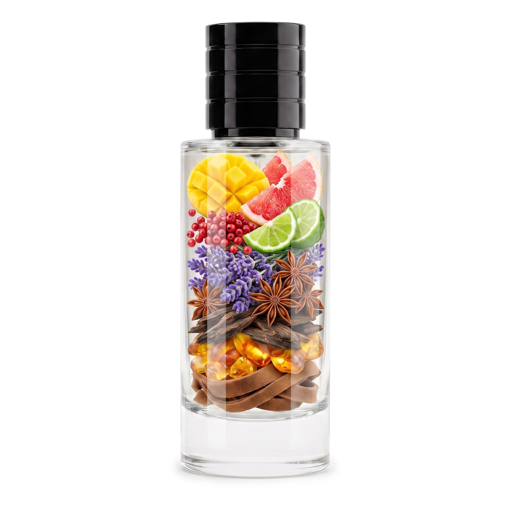A clear glass perfume bottle with a black cap, filled with layered botanical and citrus fragrance elements including star anise, purple flowers, pink grapefruit, yellow mango, red berries, and orange slices, on a white background.