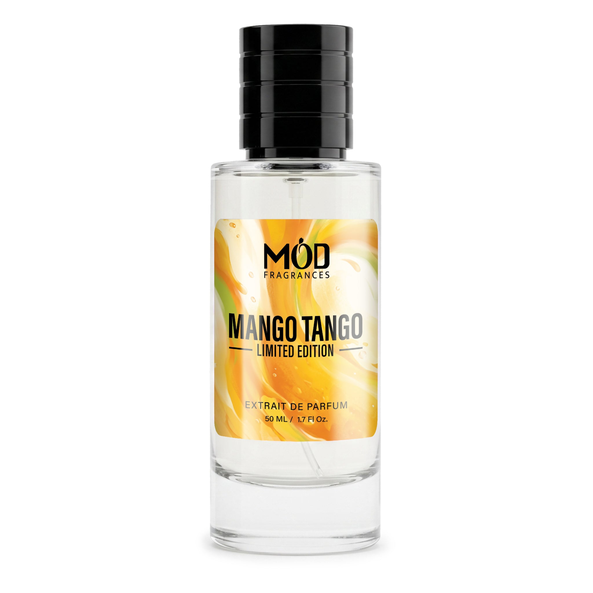 A 50 ml clear glass bottle of MÓD Fragrances Mango Tango Limited Edition perfume, featuring a black ribbed cap and a label with a yellow and orange mango pattern, set against a plain white background.