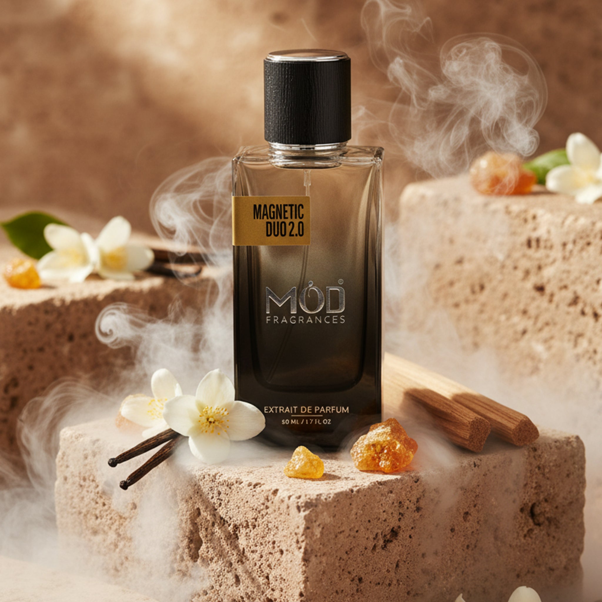 Perfume bottle labeled 'Magnetic Duo 2.0' by MOD Fragrances on a decorative stone surface with flowers and spices.