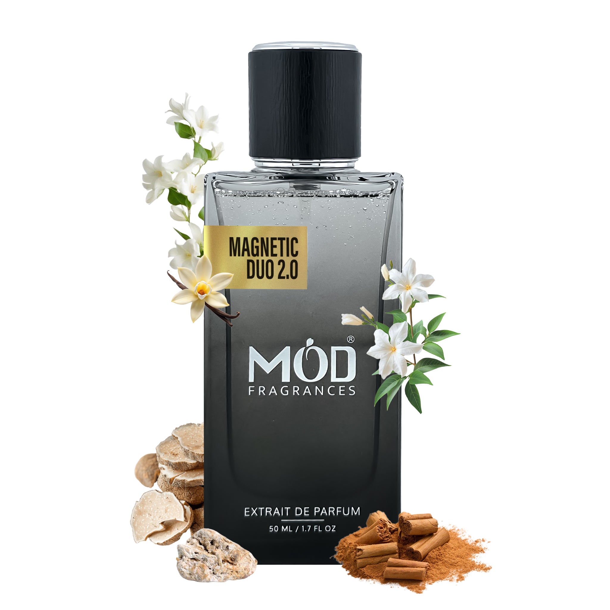Perfume bottle labeled 'Magnetic Duo 2.0' by MOD Fragrances with floral elements on a white background