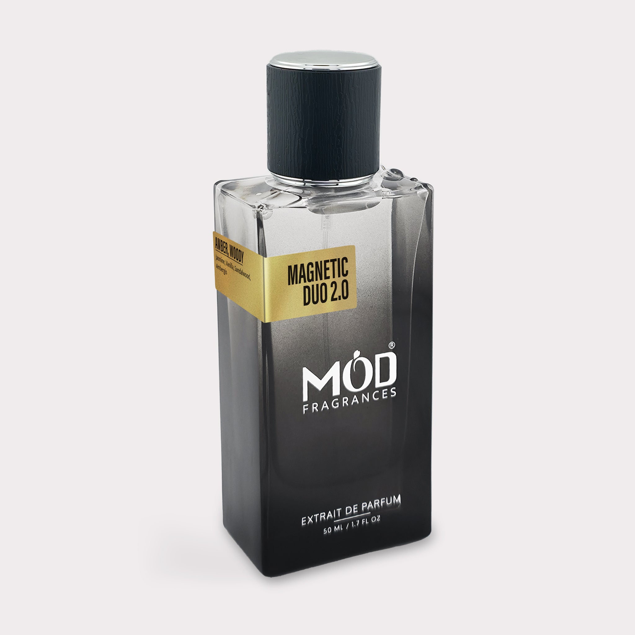 Perfume bottle labeled 'Magnetic Duo 2.0' by MOD Fragrances on a light gray background