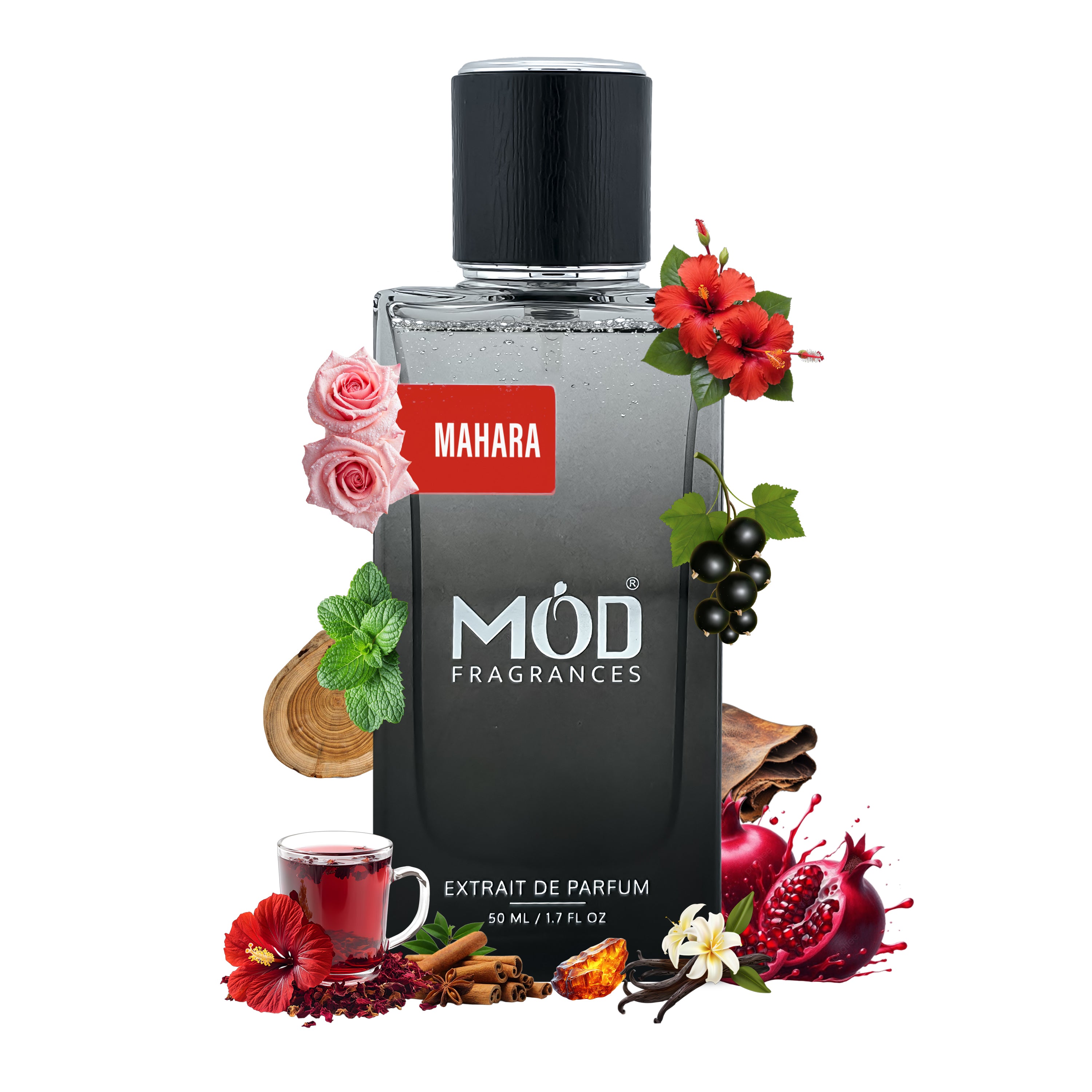 Inspired by Habiscus Mahajad Perfume bottle with 'MOD Fragrances' branding surrounded by floral and spice elements on a white background.