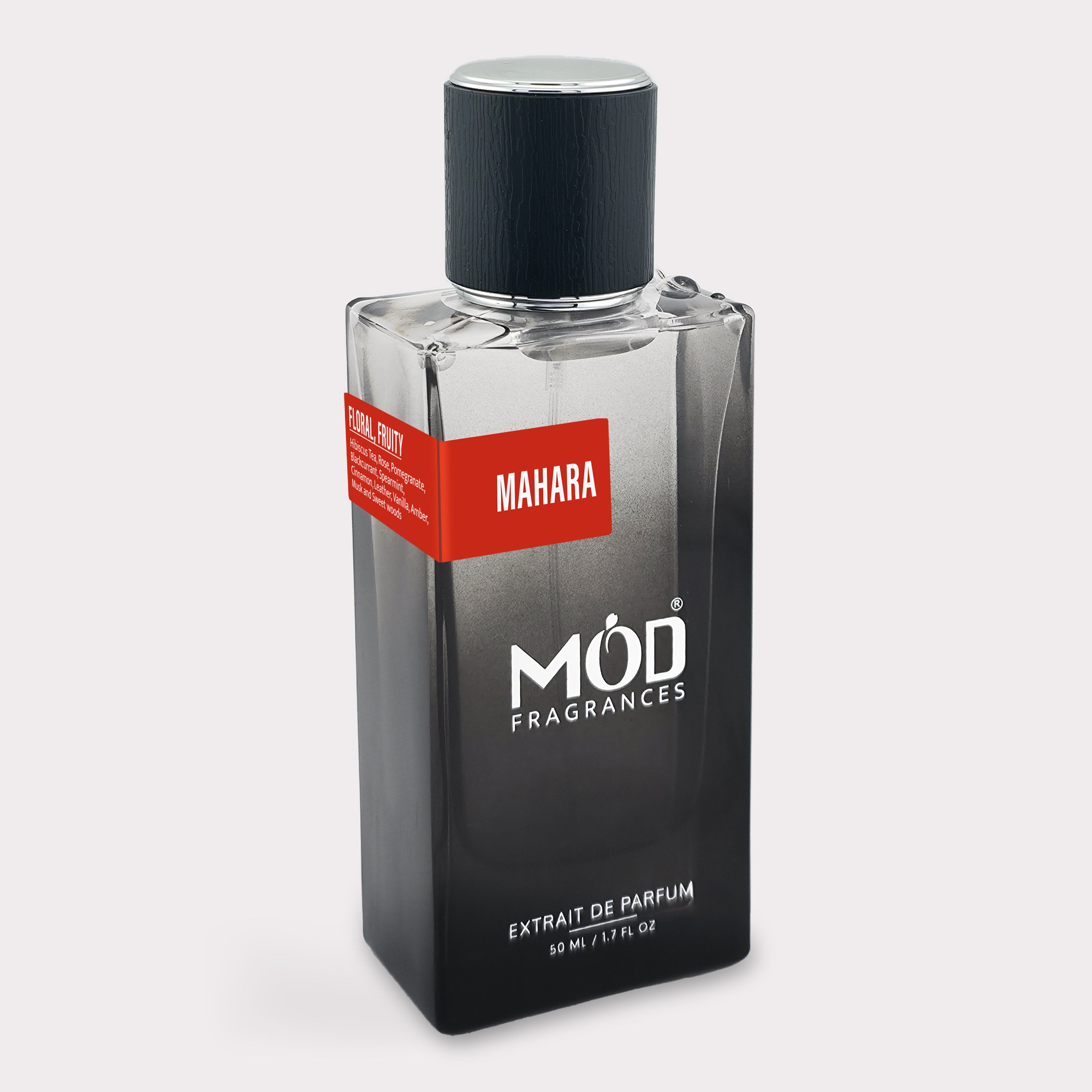 Perfume bottle with 'MAHARA' label on a white background