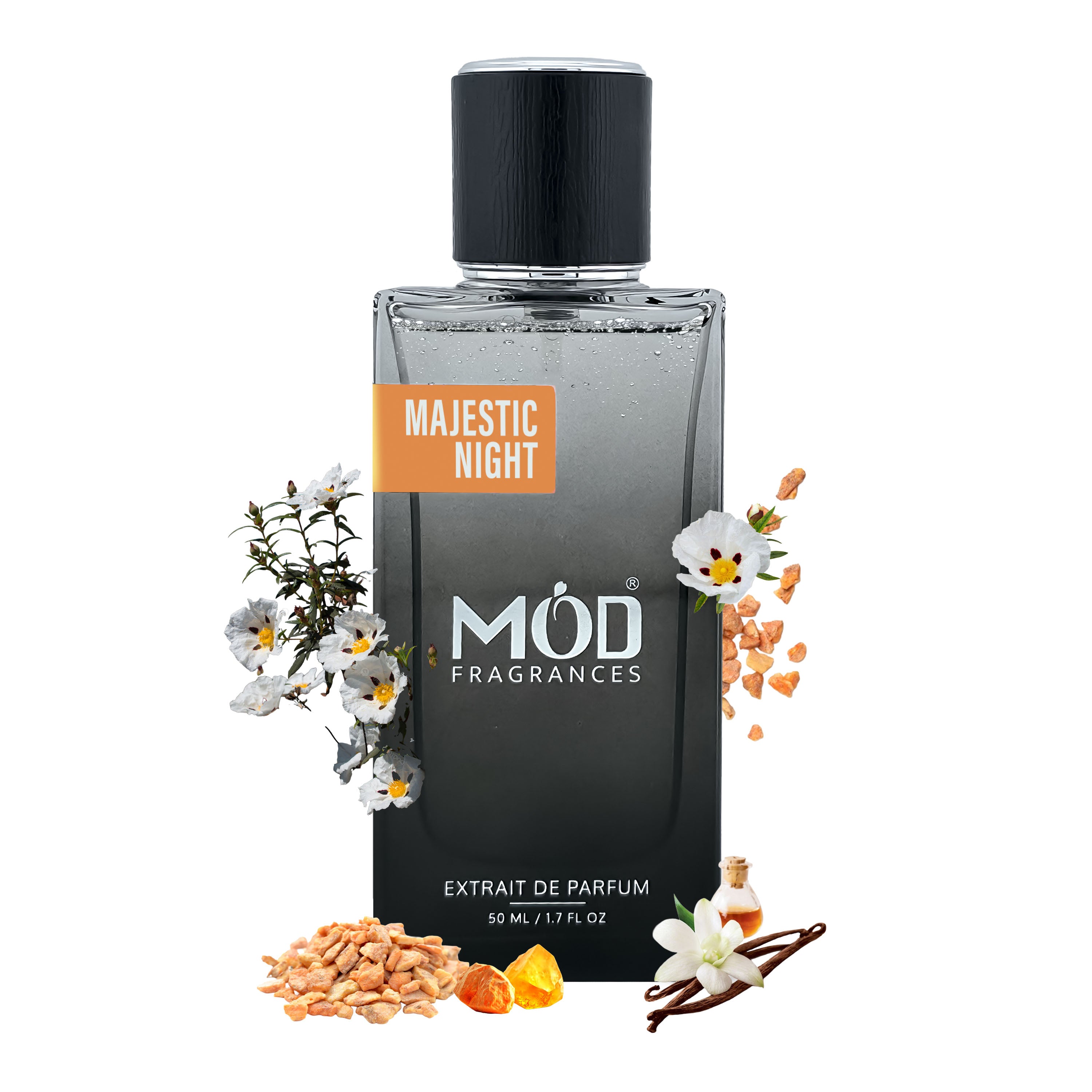 Majestic Night perfume bottle by Möd Fragrances with decorative elements on a white background Grand Soir Dupe