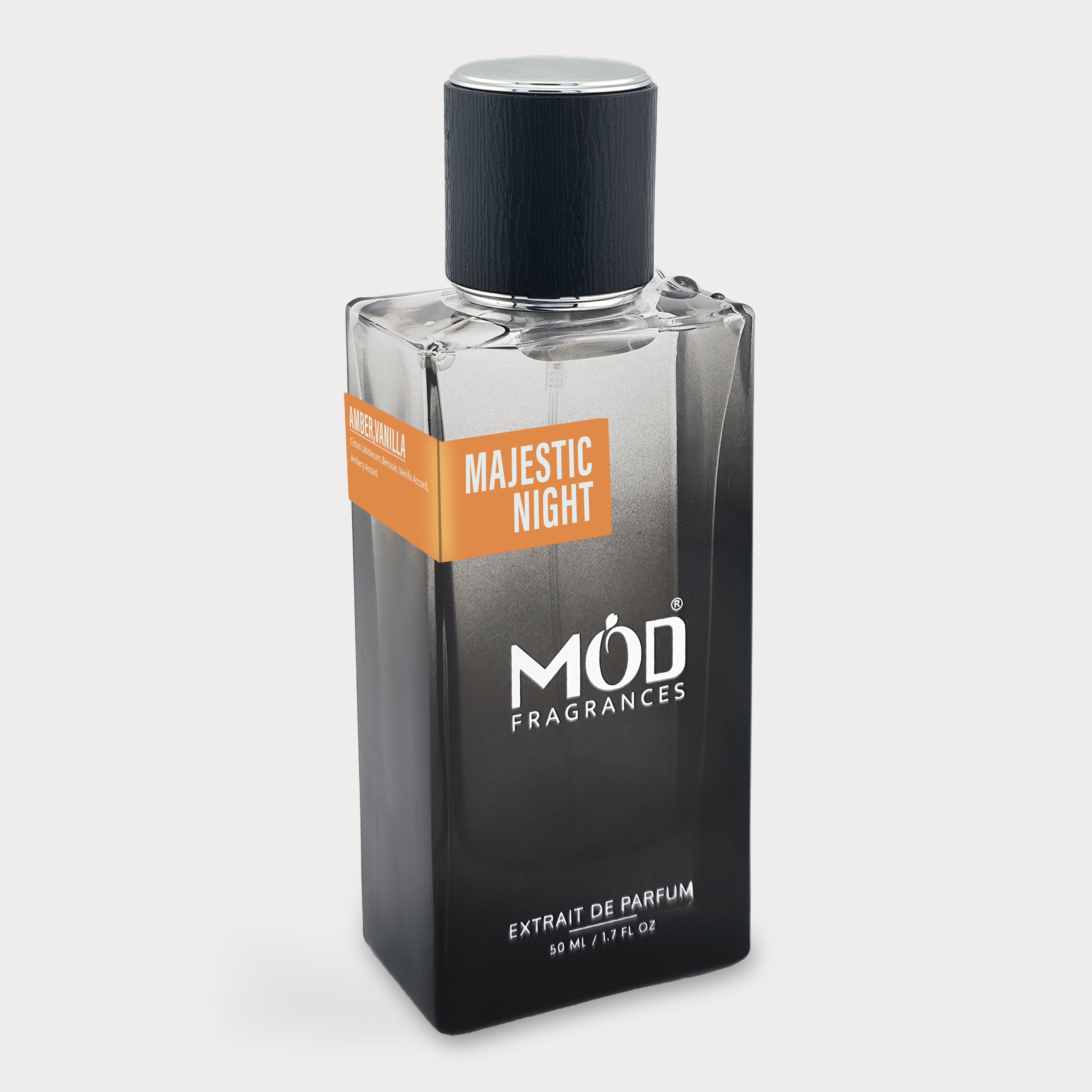 Perfume bottle labeled 'Majestic Night' by MOD Fragrances on a light gray background Grand Soir Dupe