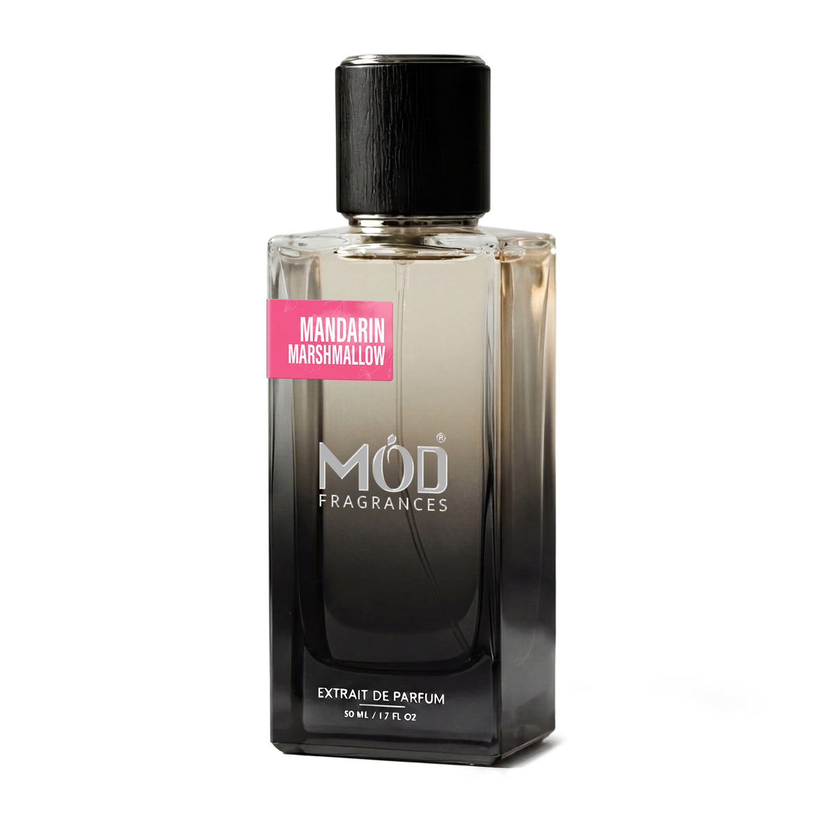 Inspired by Oriana. A bottle of MOD Fragrances Mandarin Marshmallow extrait de parfum, featuring a dark gradient glass bottle with a black cap and a pink label, set against a plain white background.