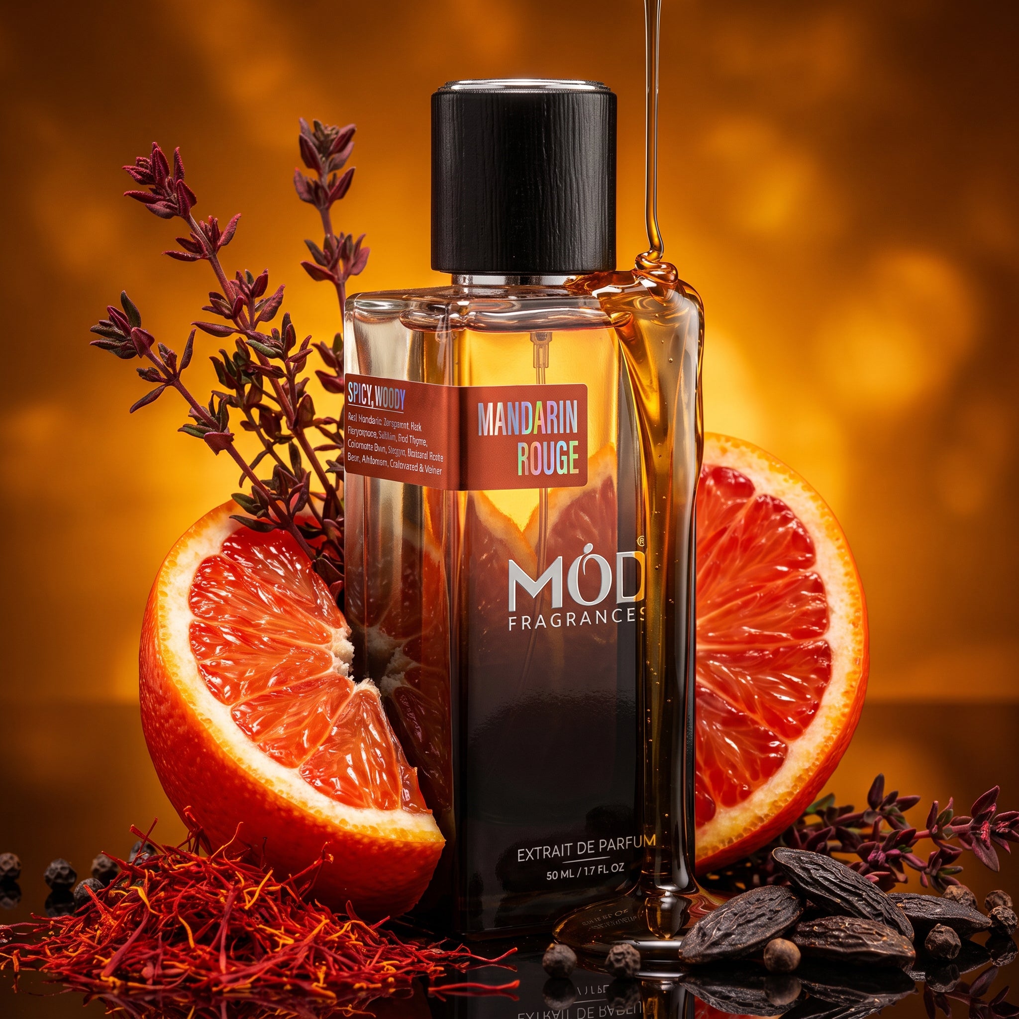 A bottle of Mod Fragrances 'Mandarin Rouge' extrait de parfum, styled with sliced mandarin oranges, dried lavender, and saffron threads against a warm golden background.