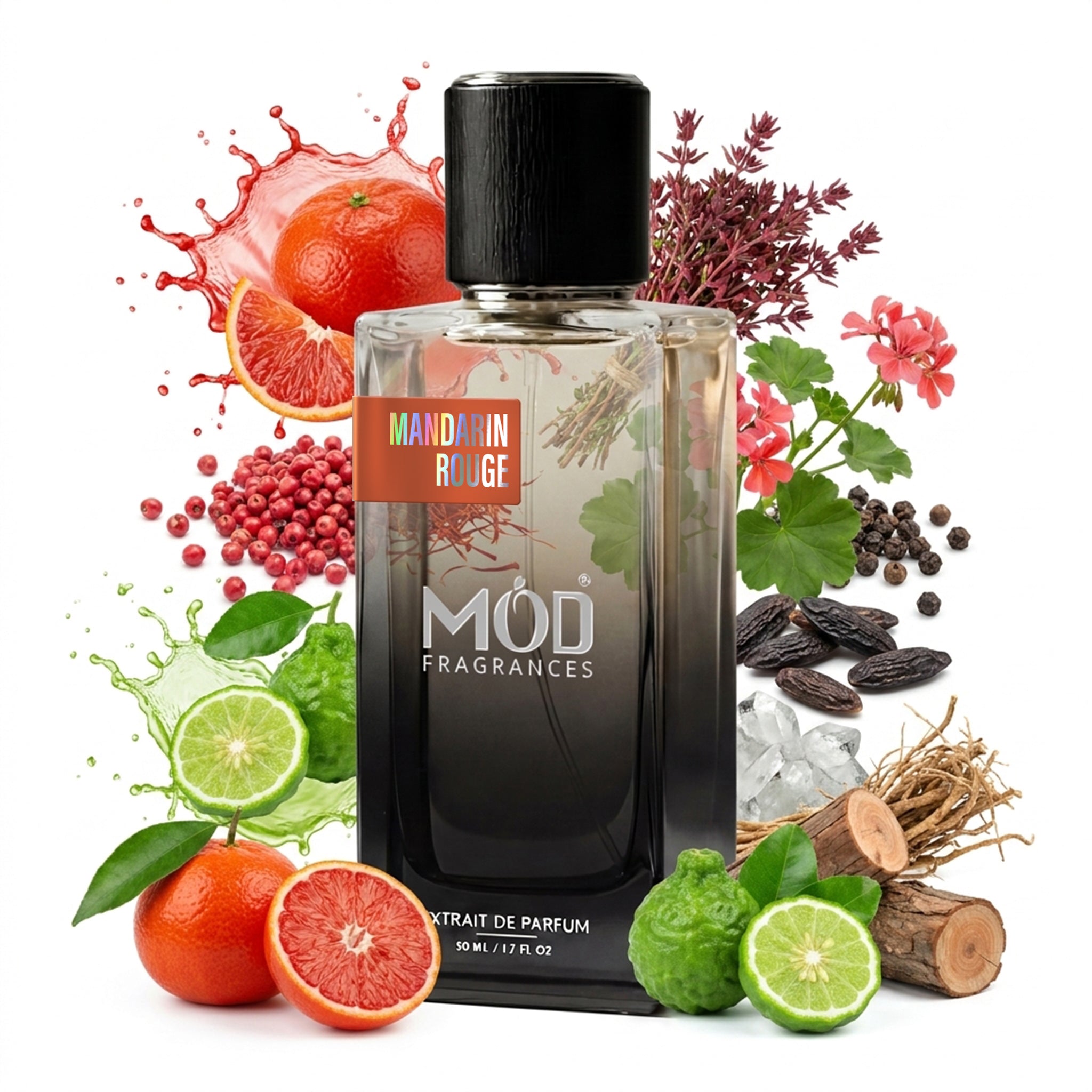 A bottle of Mandarin Ringf fragrance by MOD FRAGRANCES, surrounded by citrus fruits, flowers, berries, spices, and wood pieces on a white background.