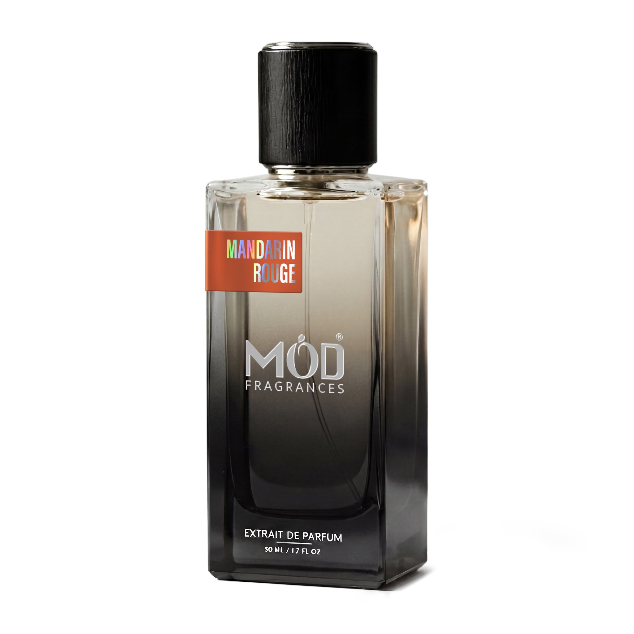 Inspired by PDM Carios - A bottle of MOD Fragrances Mandarin Rouge extrait de parfum, featuring a gradient from clear to black glass, a black cap, and a red-orange label.