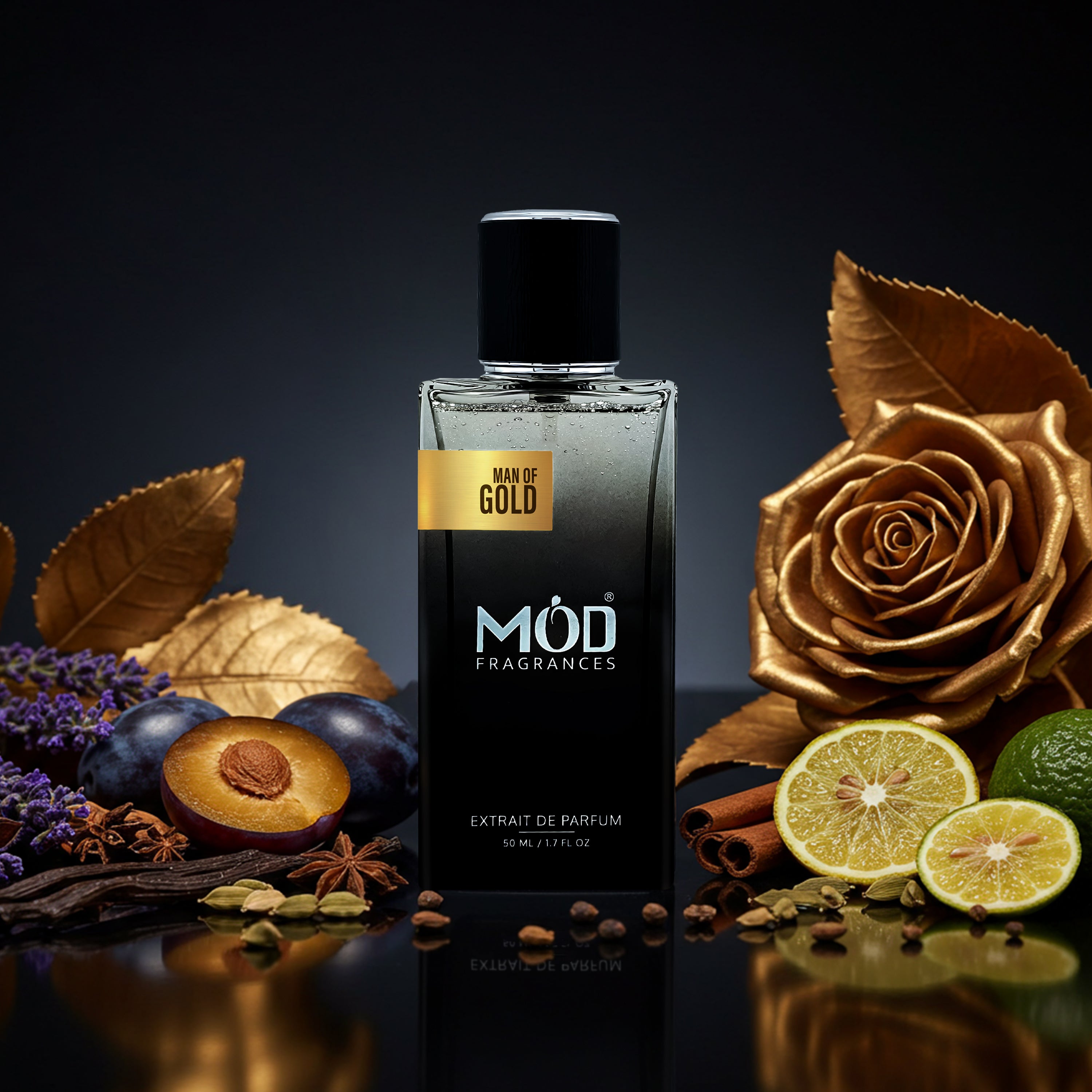 Inspired by Le Male Elixir Absolu Perfume Dupe -  Möd Fragrances Man of Gold perfume bottle with gold rose, fruits, and leaves on a dark background