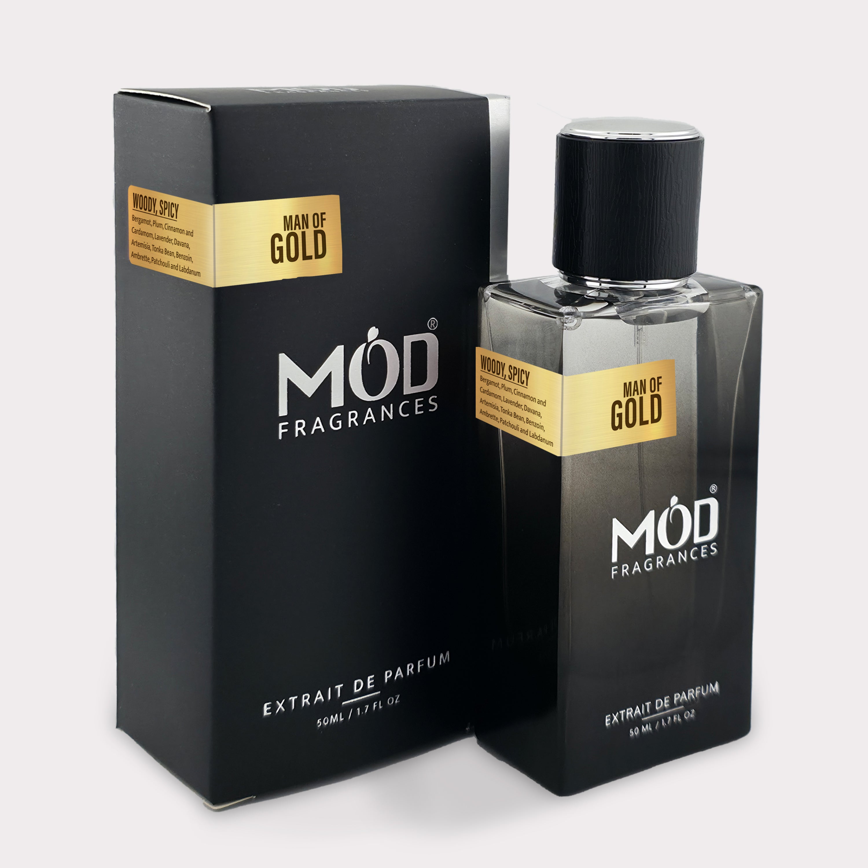 Inspired by Le Male Elixir Absolu Perfume Dupe -  Möd Fragrances Man of Gold perfume bottle and packaging on a white background