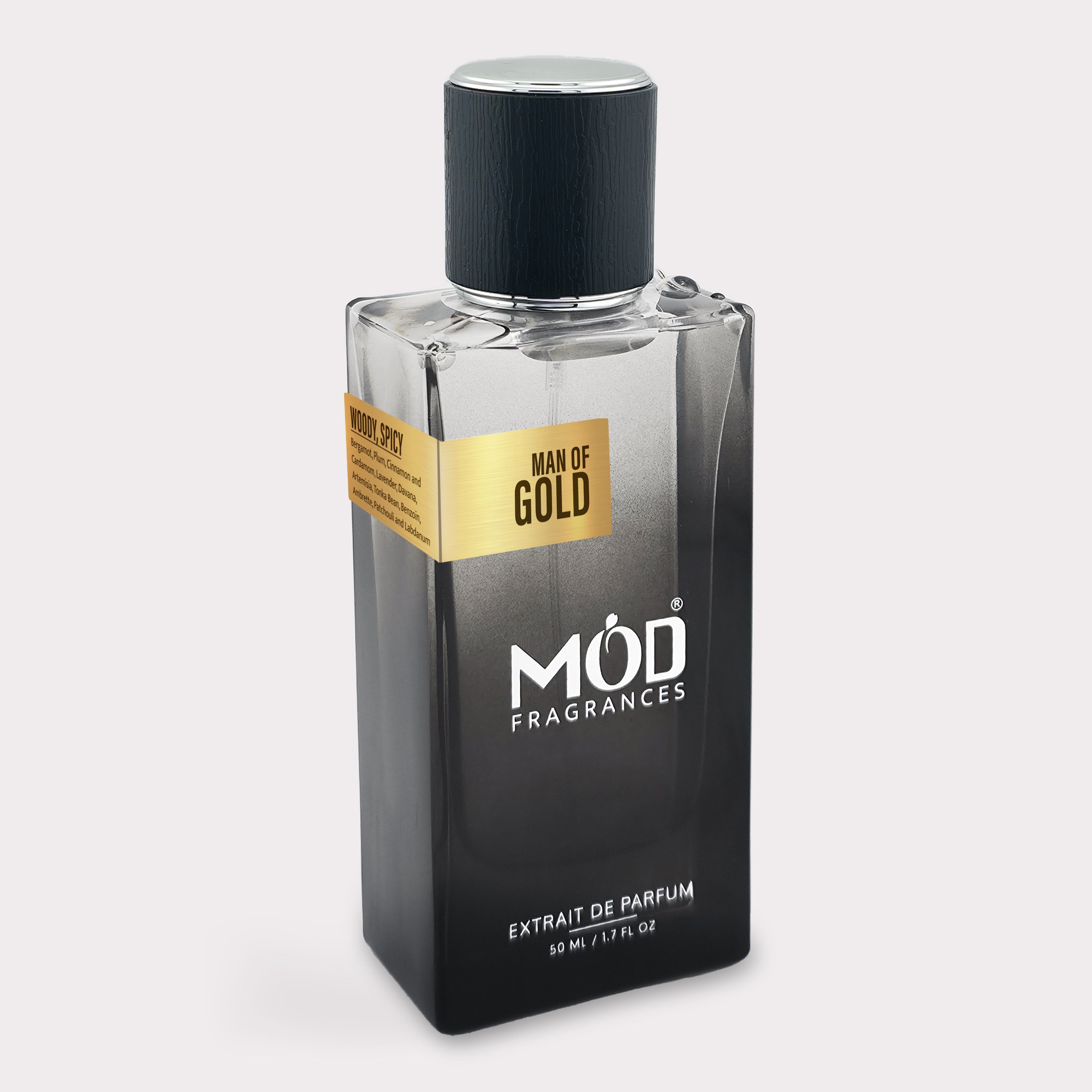 Inspired by Le Male Elixir Absolu Perfume Dupe -  Perfume bottle labeled 'Man of Gold' by MOD Fragrances on a light gray background