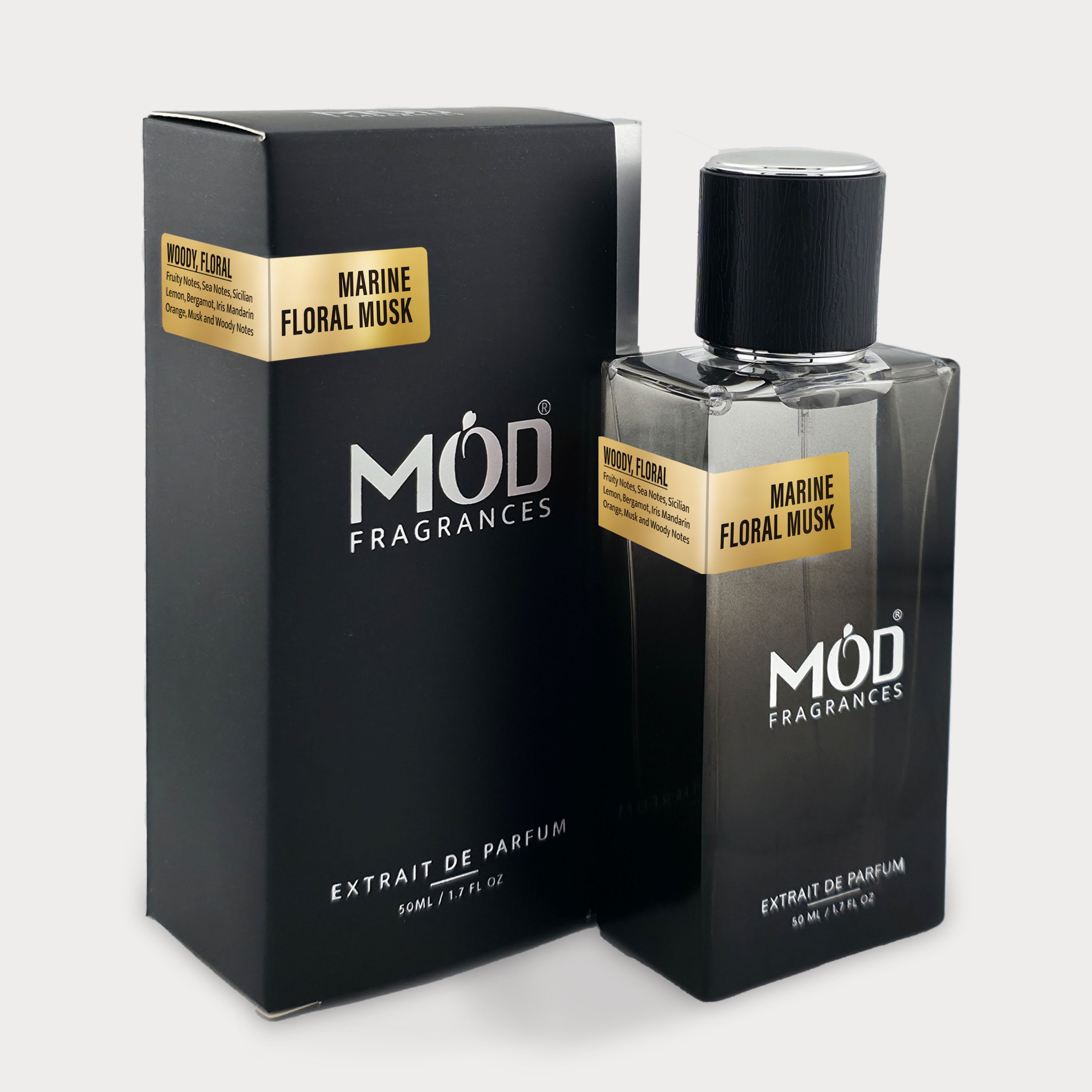 Möd Fragrances Marine Floral Musk perfume bottle and packaging on a white background