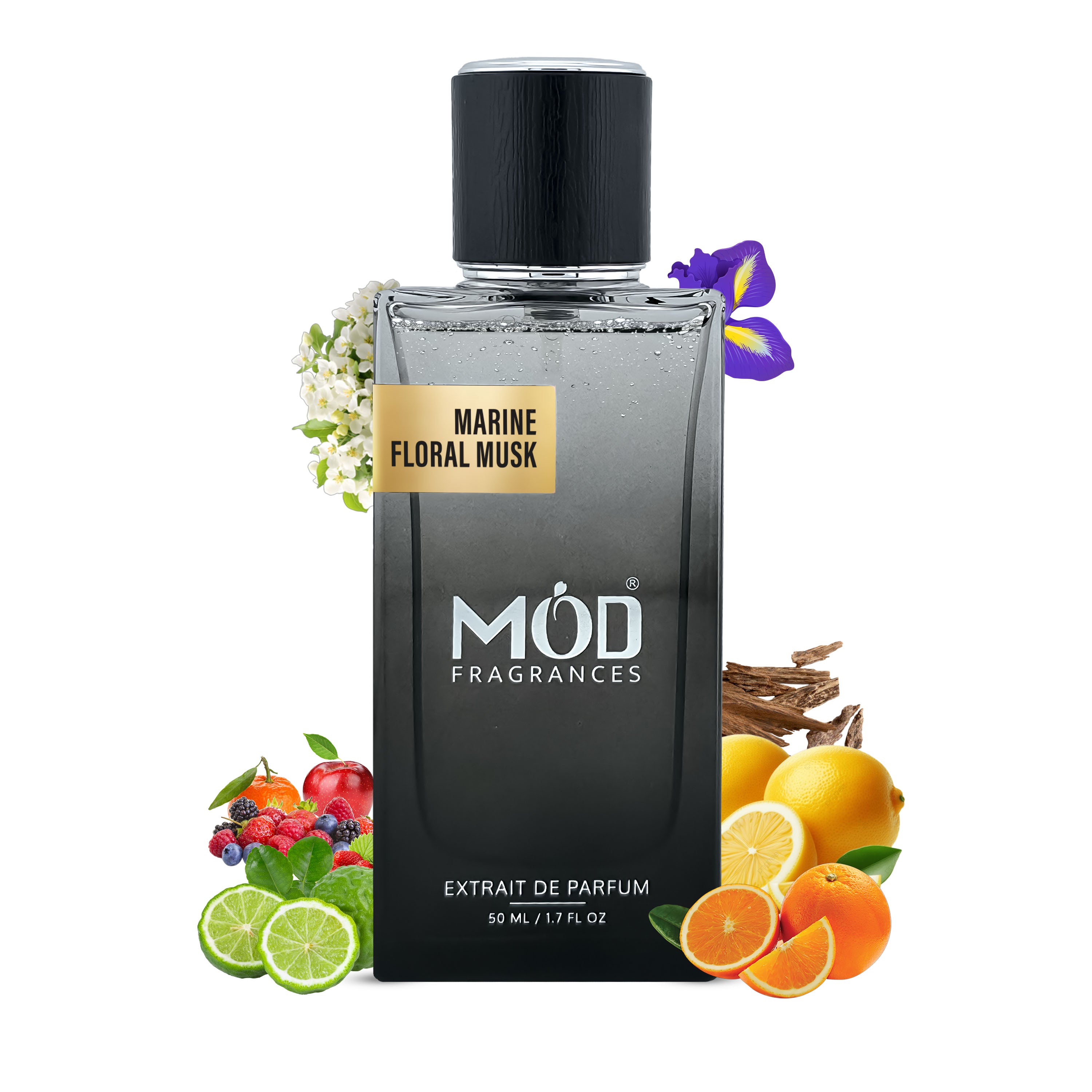 Black perfume bottle labeled 'Marine Floral Musk' by Möd Fragrances with fruit and floral elements on a white background.