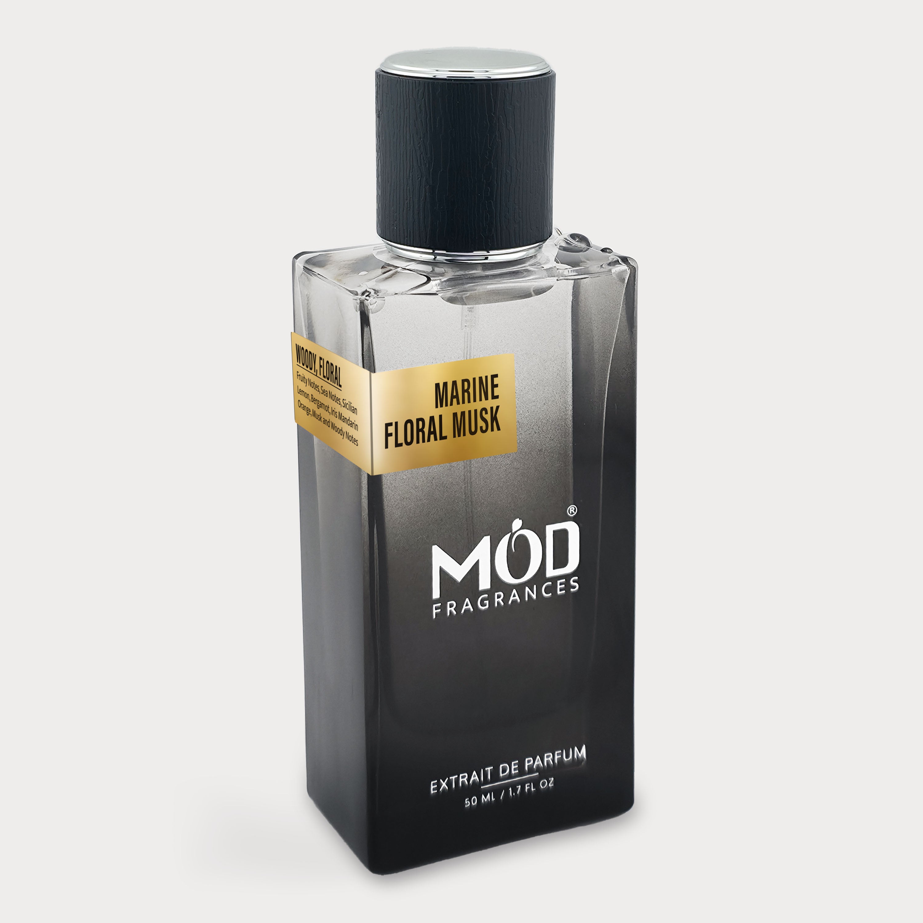 Perfume bottle labeled 'Marine Floral Musk' by MOD Fragrances on a light gray background