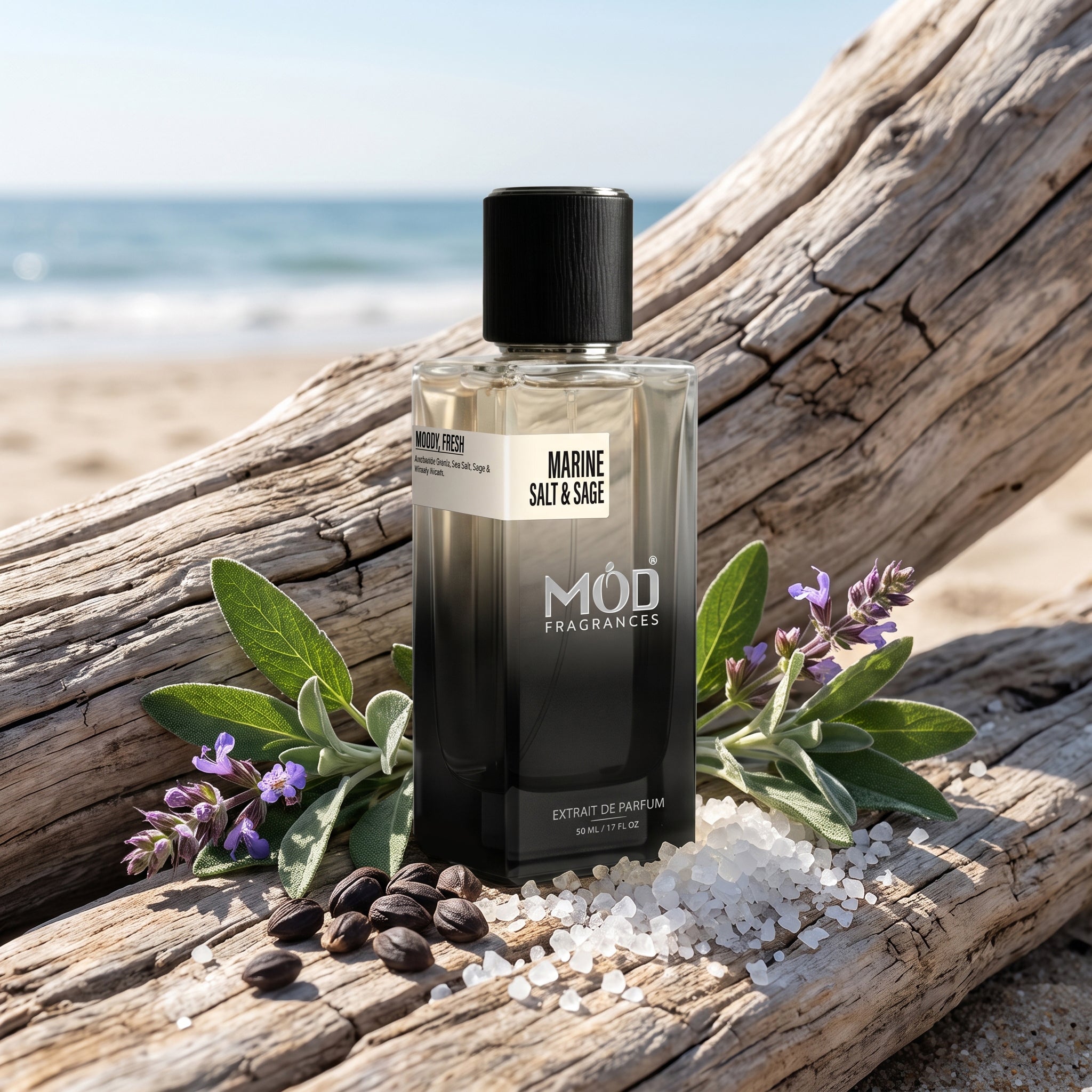 A bottle of MOD Fragrances Marine Salt & Sage extrait de parfum stands on a weathered log at the beach, surrounded by sea salt, lavender sprigs, and coffee beans with the ocean blurred in the background.