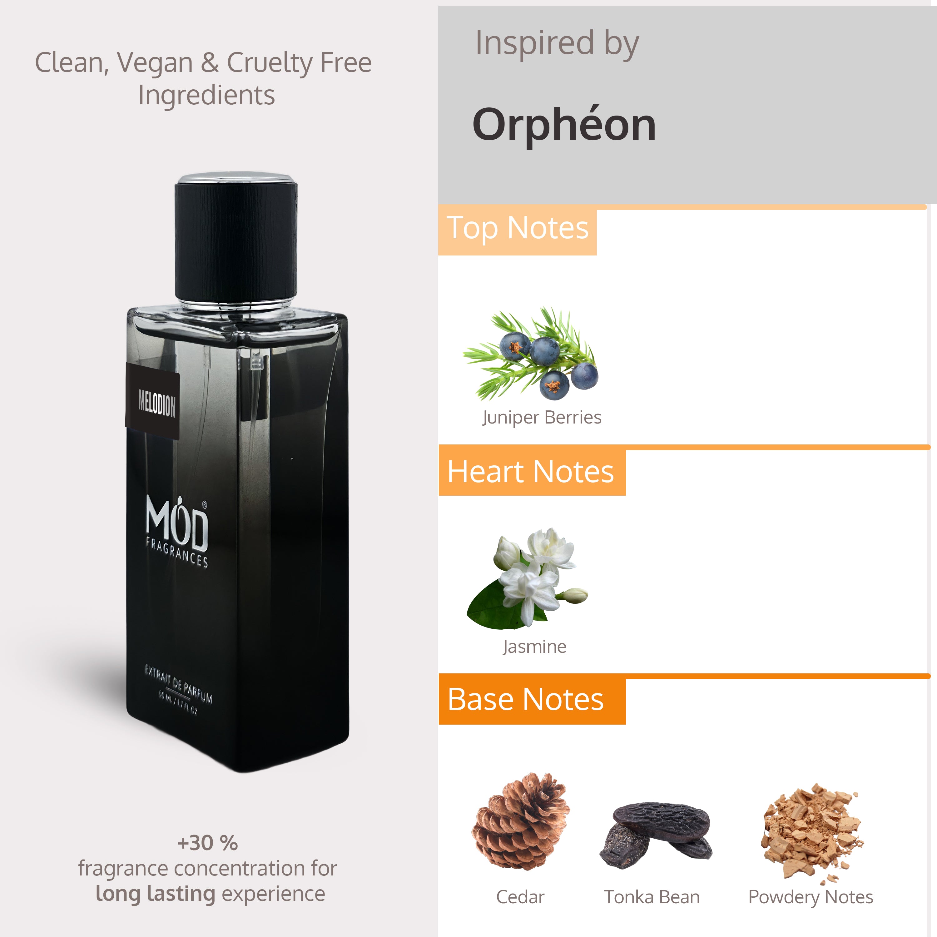 Black perfume bottle with product details on a white background