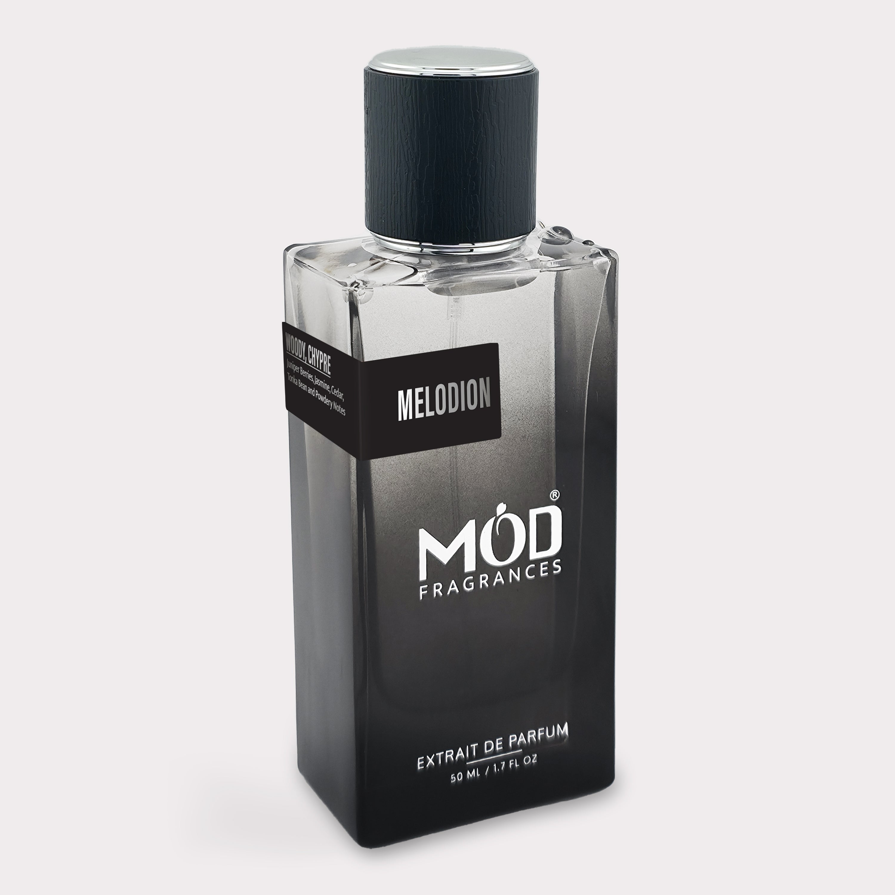 Clear perfume bottle with black cap and visible 'MOD Fragrances' branding on a white background