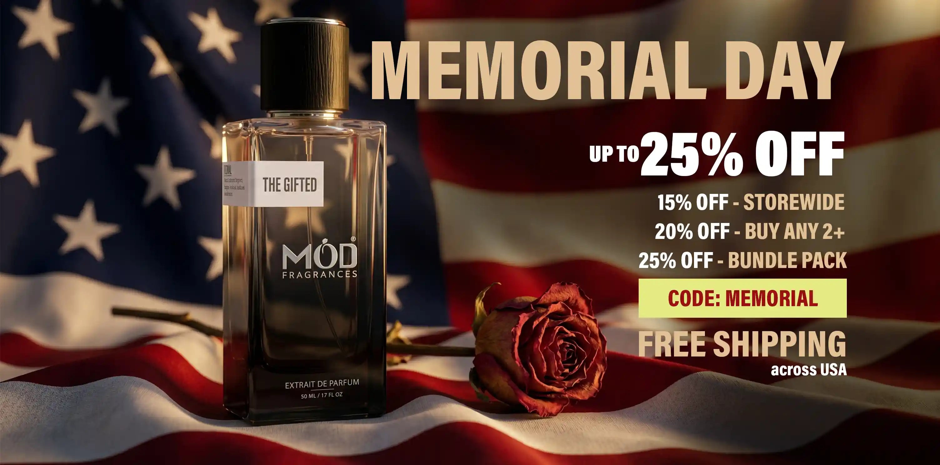 Möd Inspired Perfume Dupe bottle with Memorial Day sale text on an American flag background